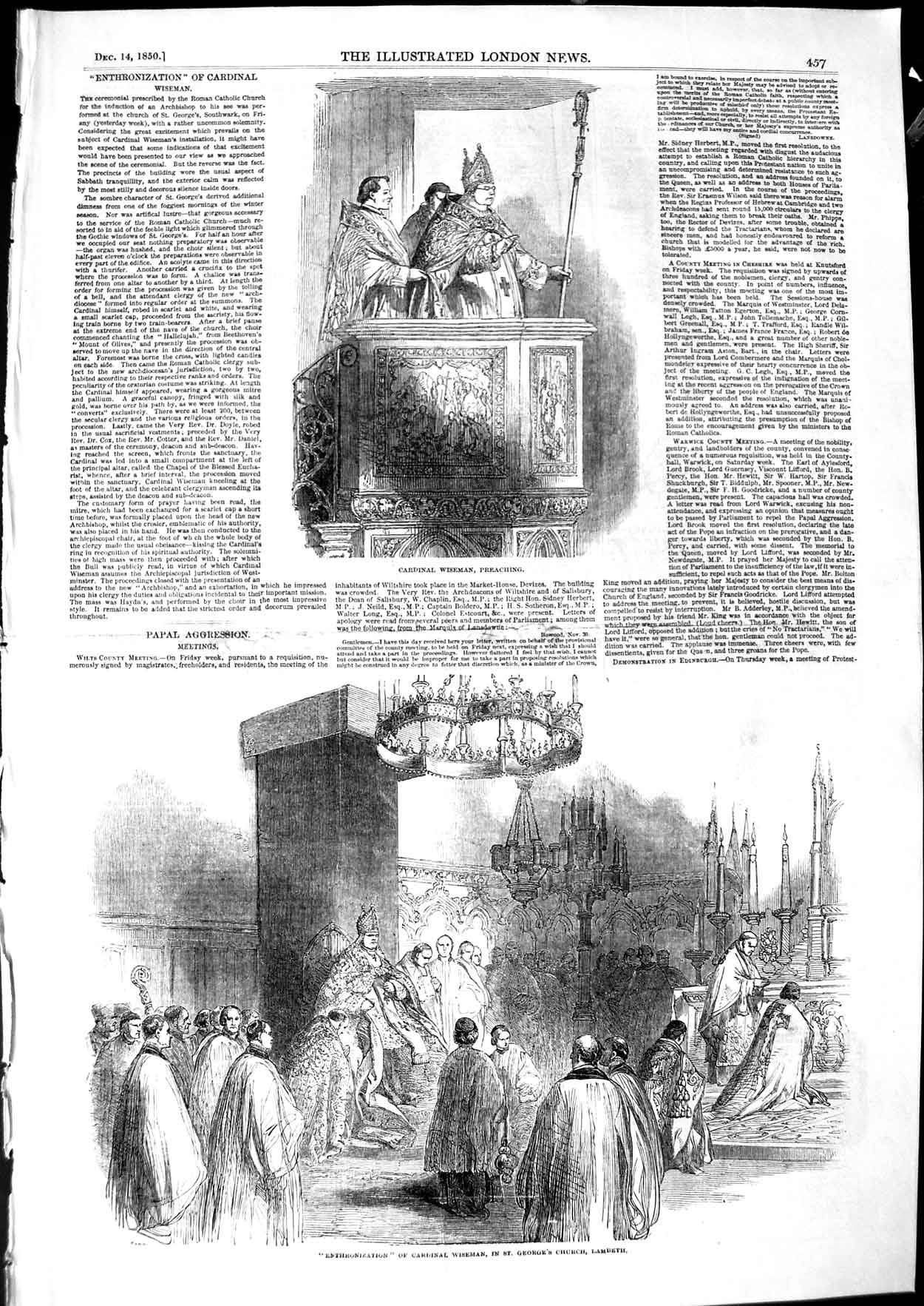 Original Old Antique Print 1850 Cardinal Wiseman Enthronization Church Lambeth