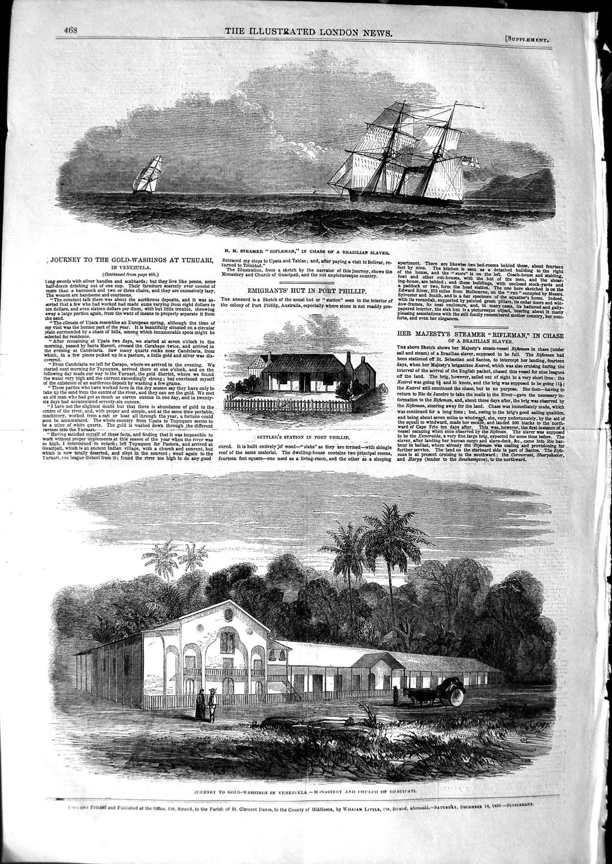 Original Old Antique Print 1850 Ship Rifleman G-Washing Venezuela Port Phillip