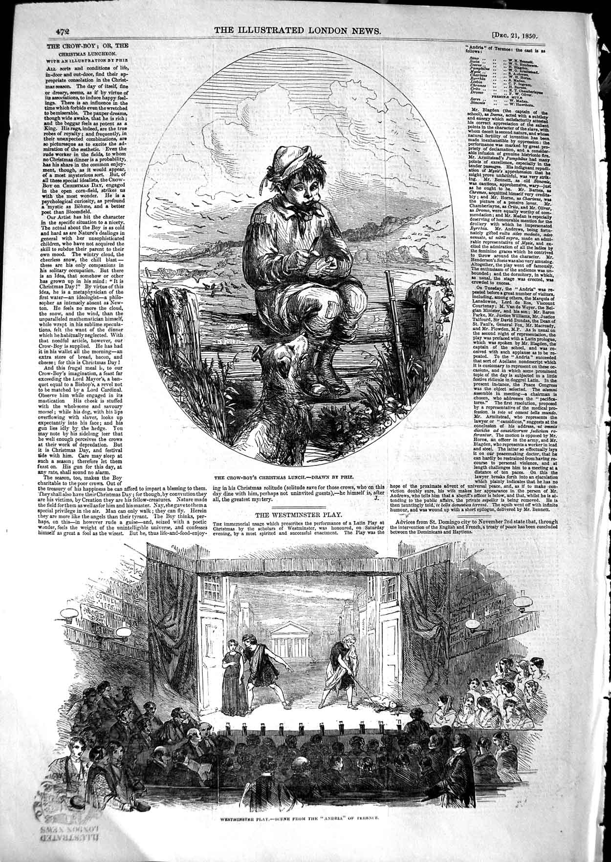 Original Old Antique Print 1850 Crow-Boy'S Christmas Dinner Westminster Andria
