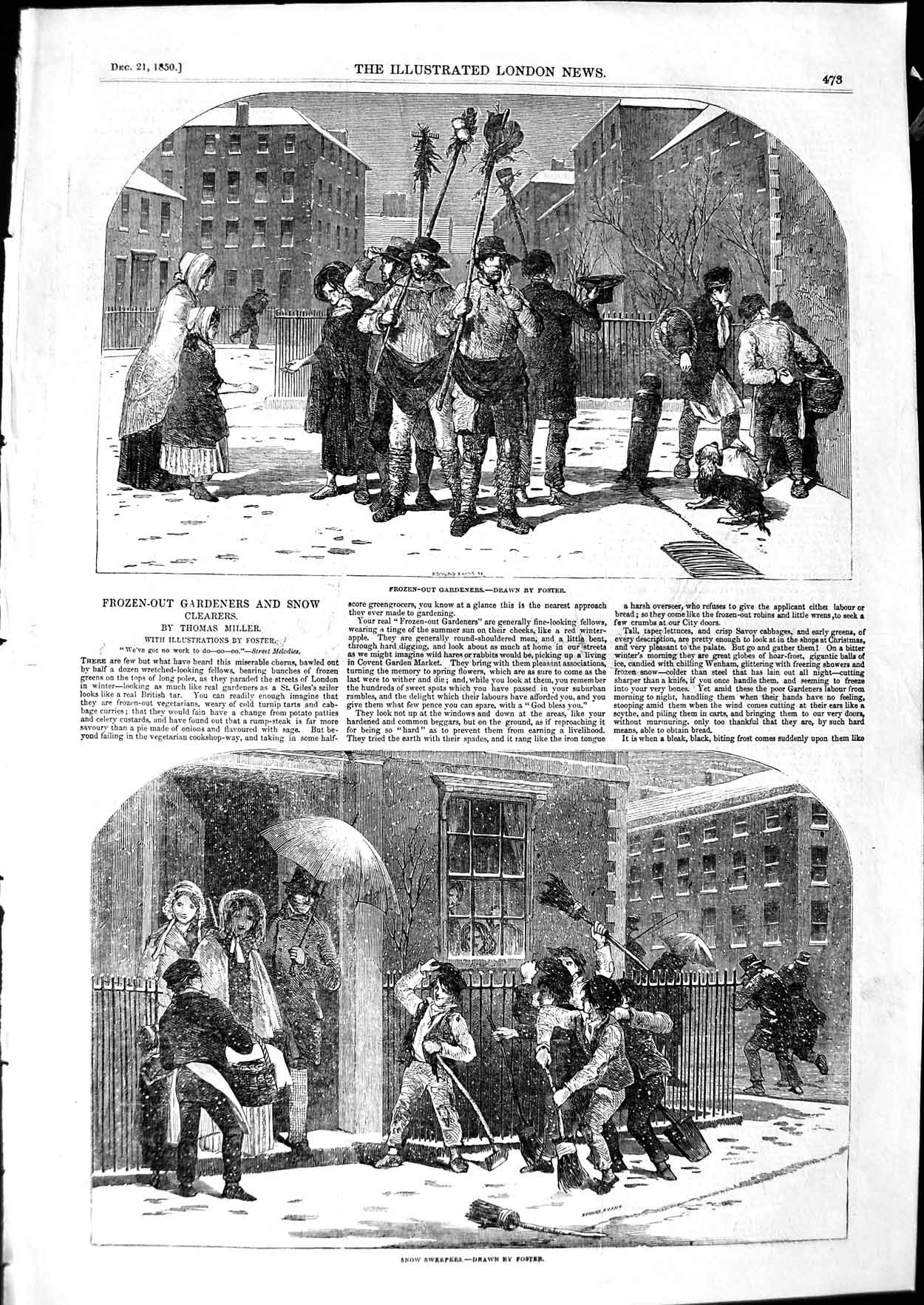 Original Old Antique Print 1850 Winter Scene Gardeners Snow Sweepers Ice 19th