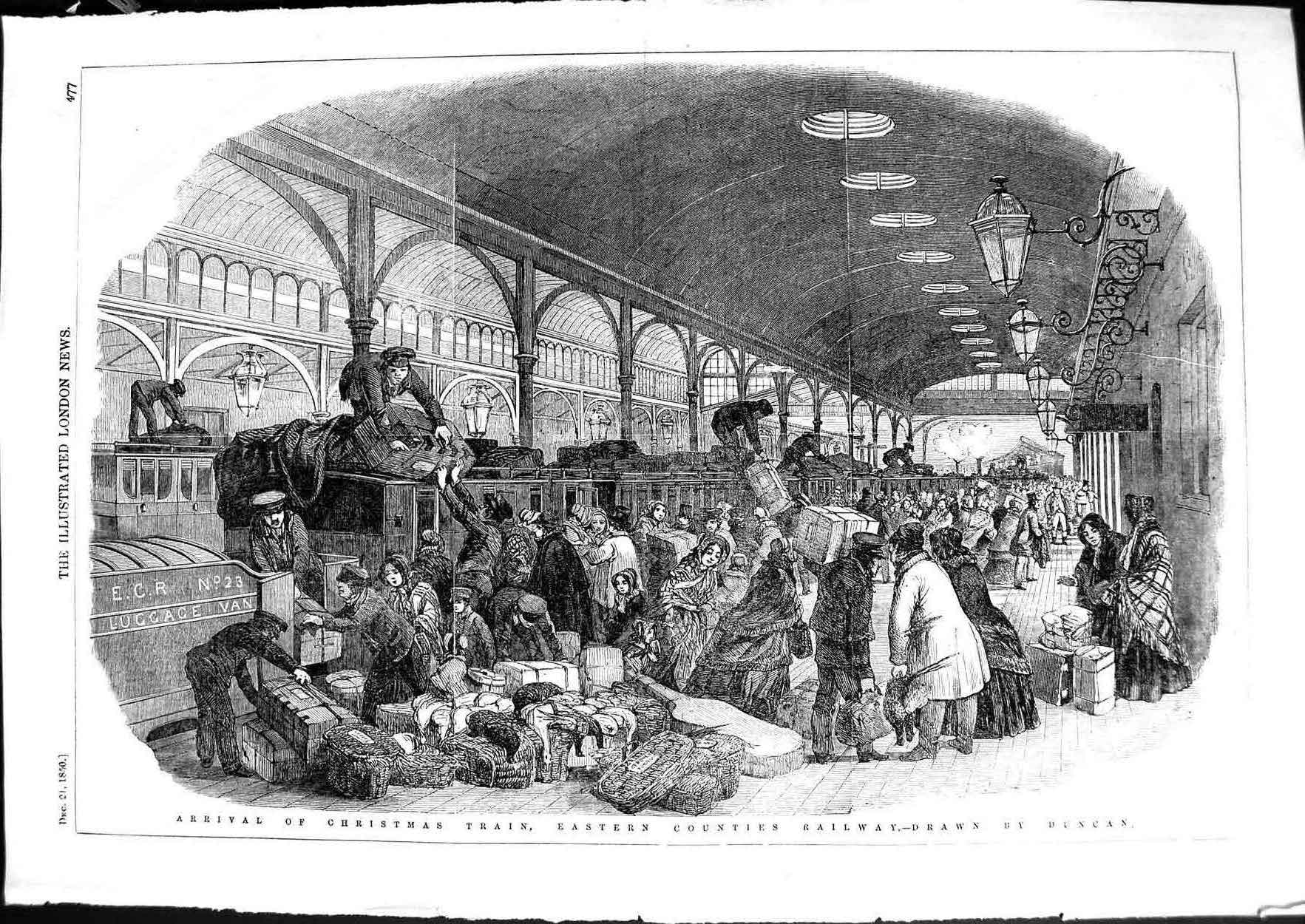 Old Antique Print 1850 Arrival Christmas Train Eastern Counties Railway 19th