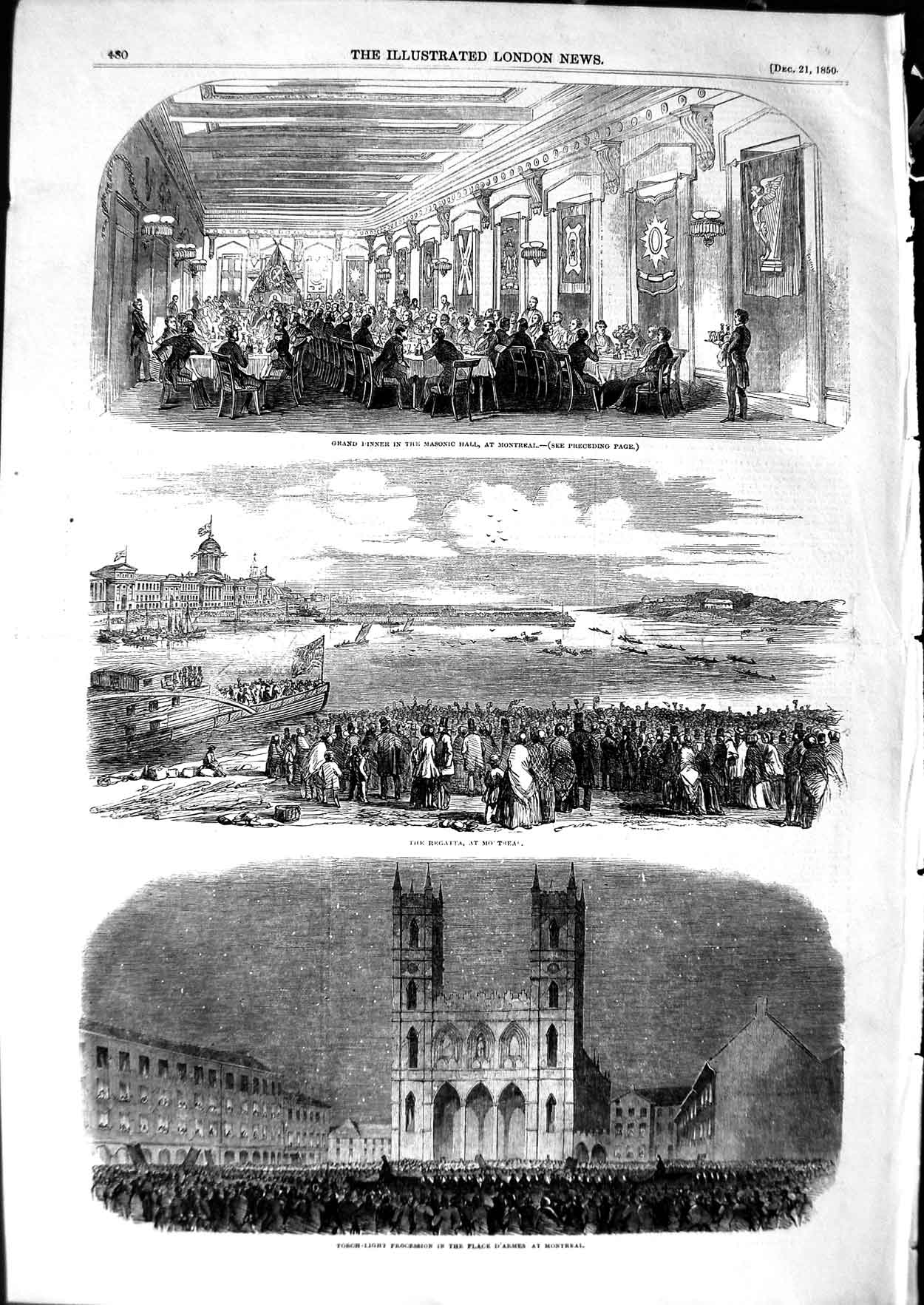 Old Antique Print 1850 Dinner Masonic Hall Montreal Regatta Place D'Armes 19th