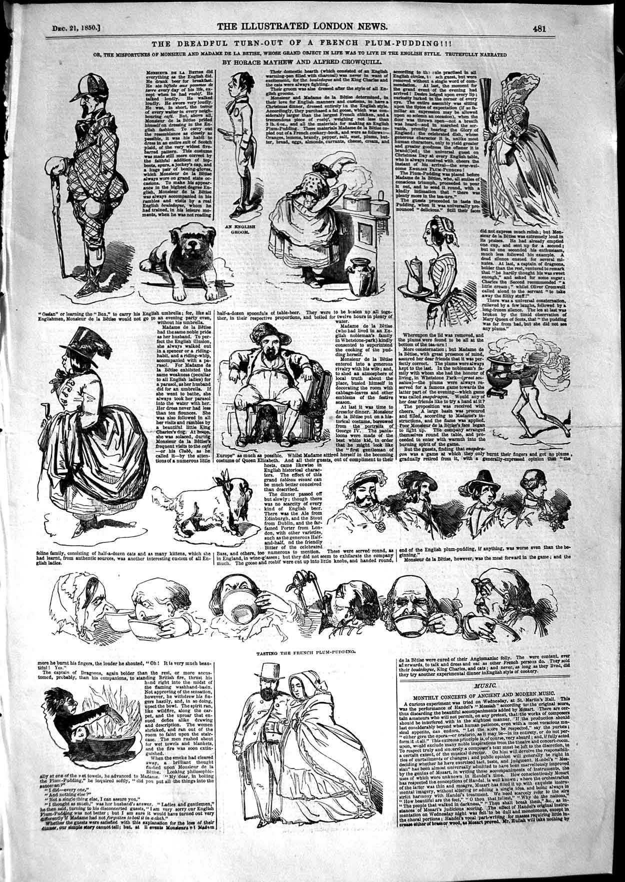 Original Old Antique Print 1850 Comedy Sketch French Plum Puding Drawings 19th