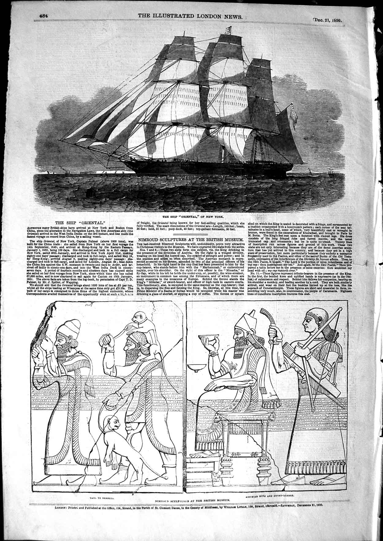 Old Antique Print 1850 Ship Oriental New York America Nimroud Sculptures 19th