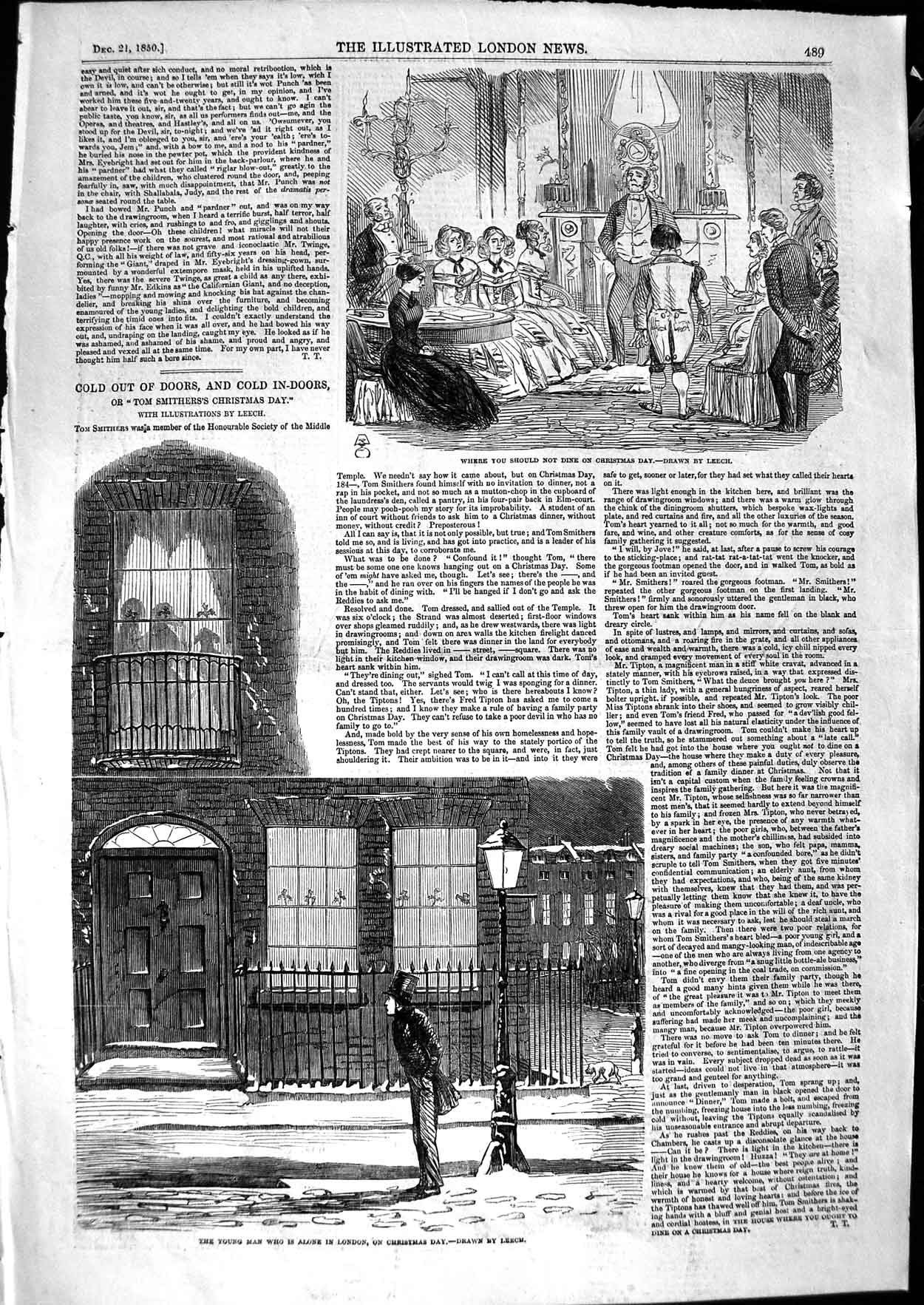Original Old Antique Print 1850 Christmas Scene London Street Dinner Victorian