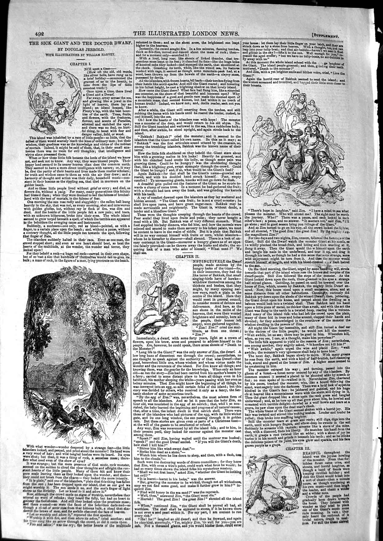 Original Old Antique Print 1850 Story Sick Giant Doctor Dwarf Douglas Jerr 19th