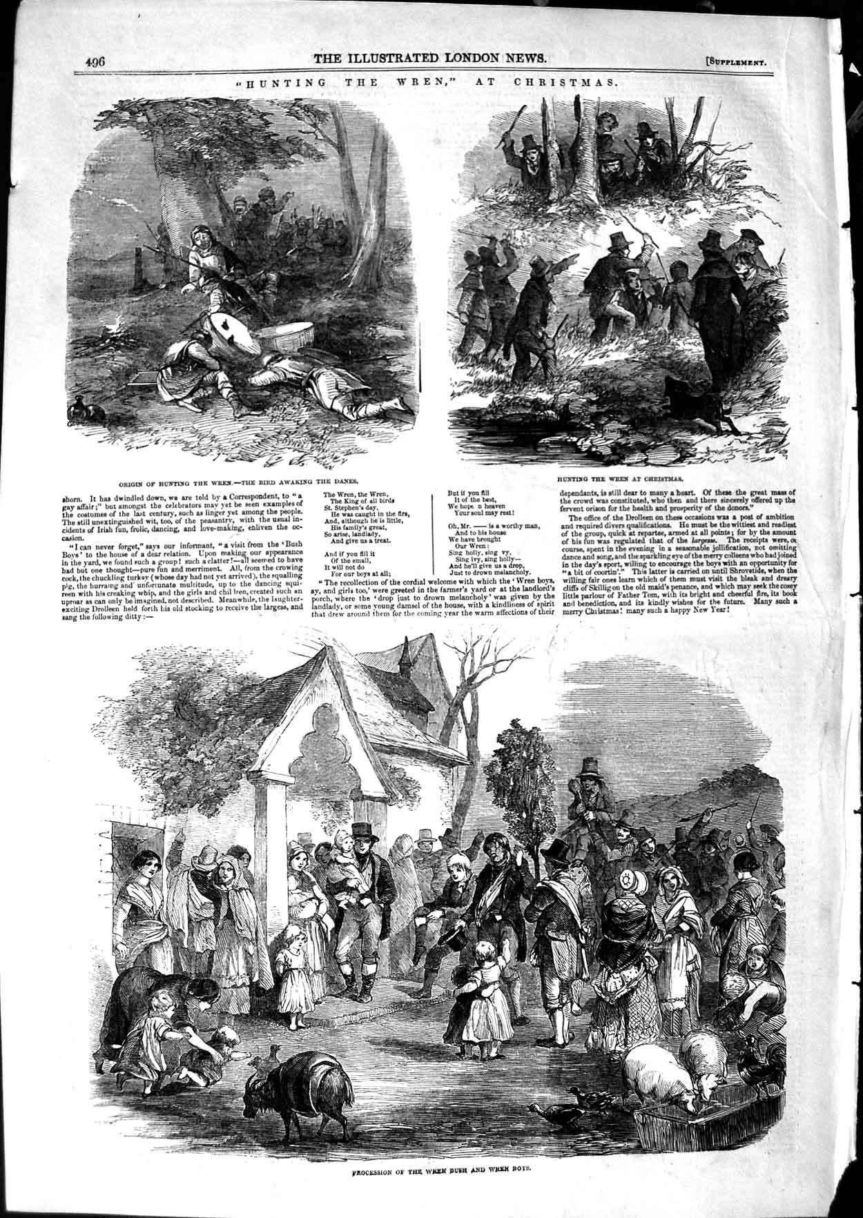 Original Old Antique Print 1850 Hunting Wren Christmas Sport 19th