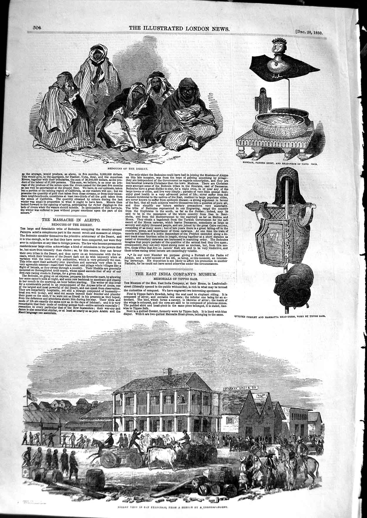 Original Old Antique Print 1850 Bedouins Desert San Francisco Tippo Saib Howdah