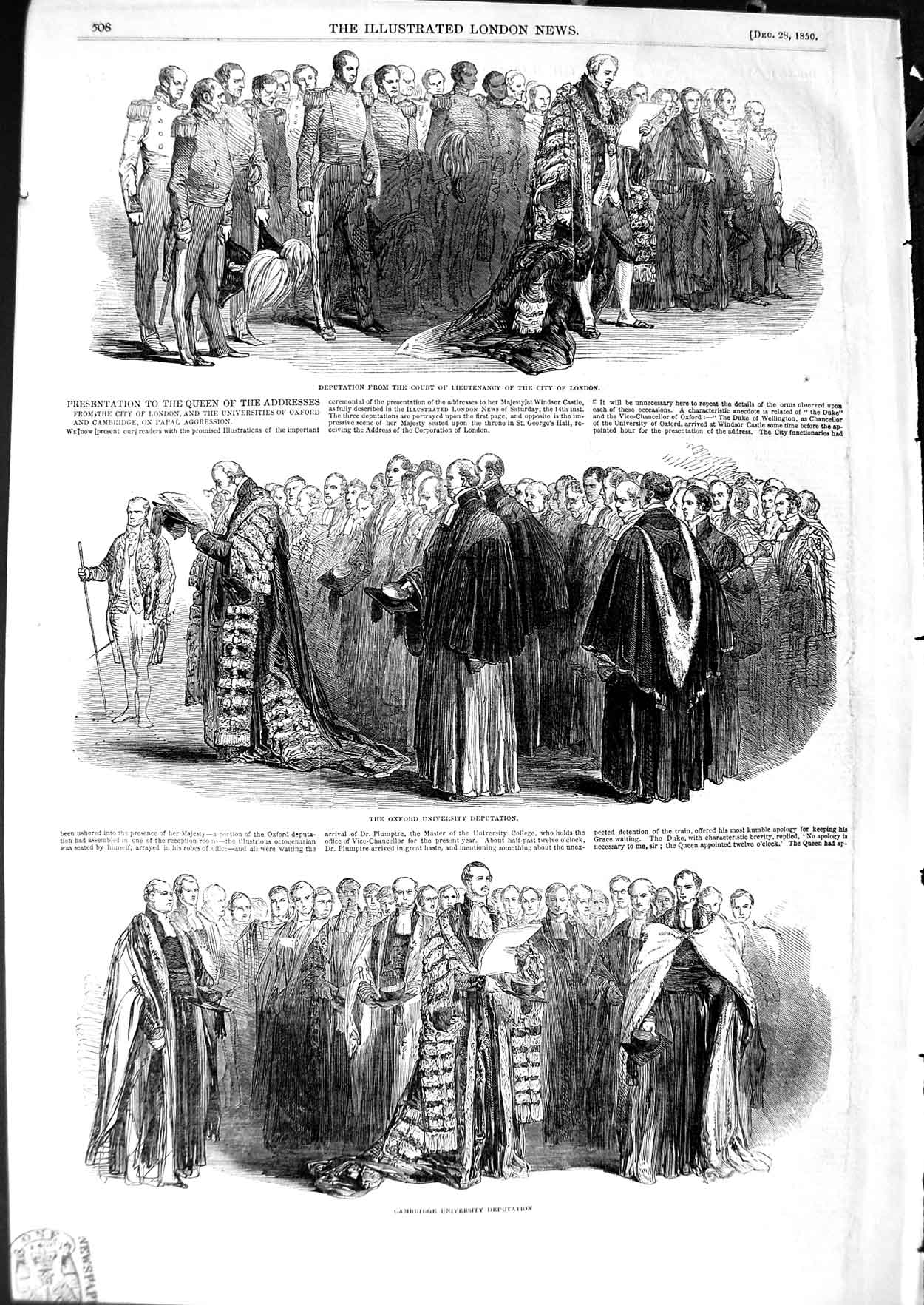Old Antique Print 1850 Oxford University Deputation Cambridge City London 19th