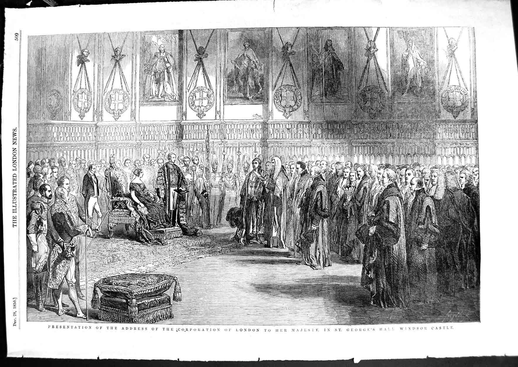 Original Old Antique Print 1850 Address Corporation London Queen Winsor Castle