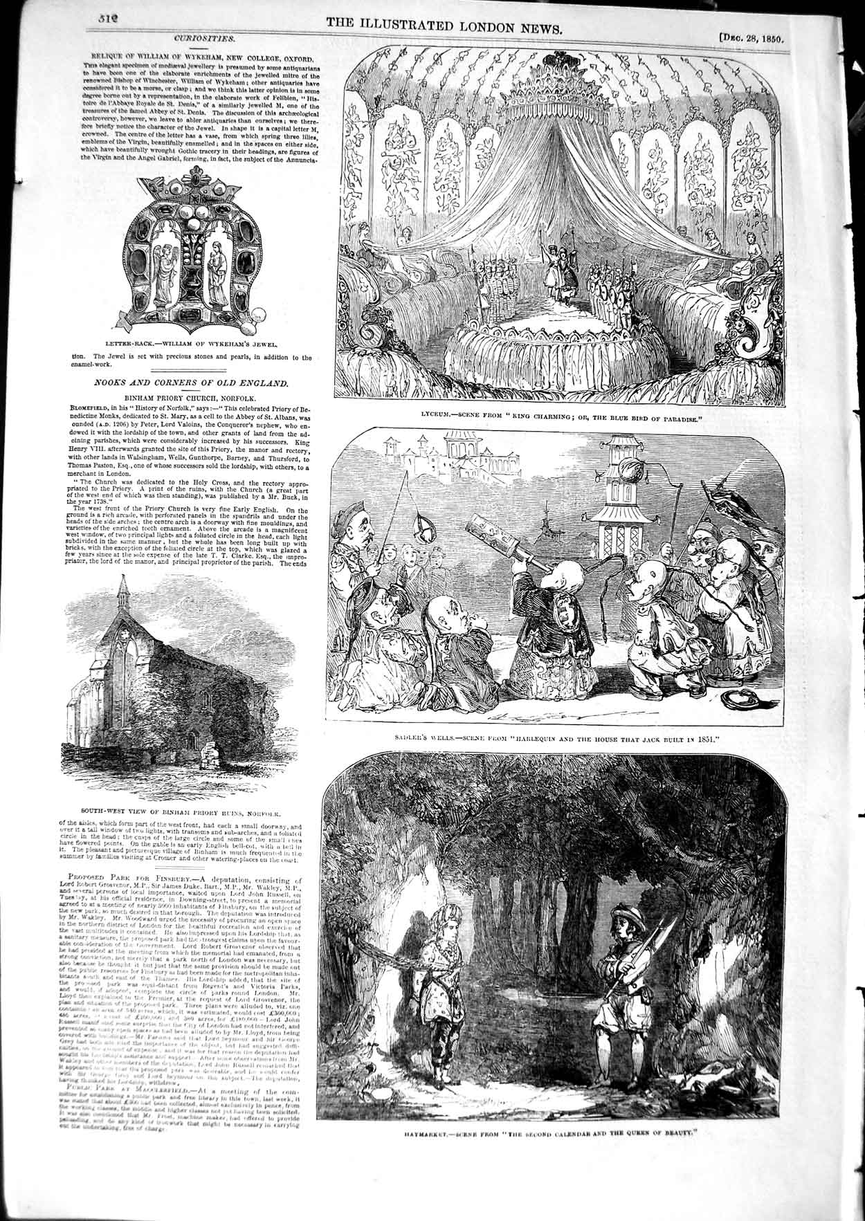 Original Old Antique Print 1850 Lyceum Theatr Binham Priory Wykeham'S Jewels