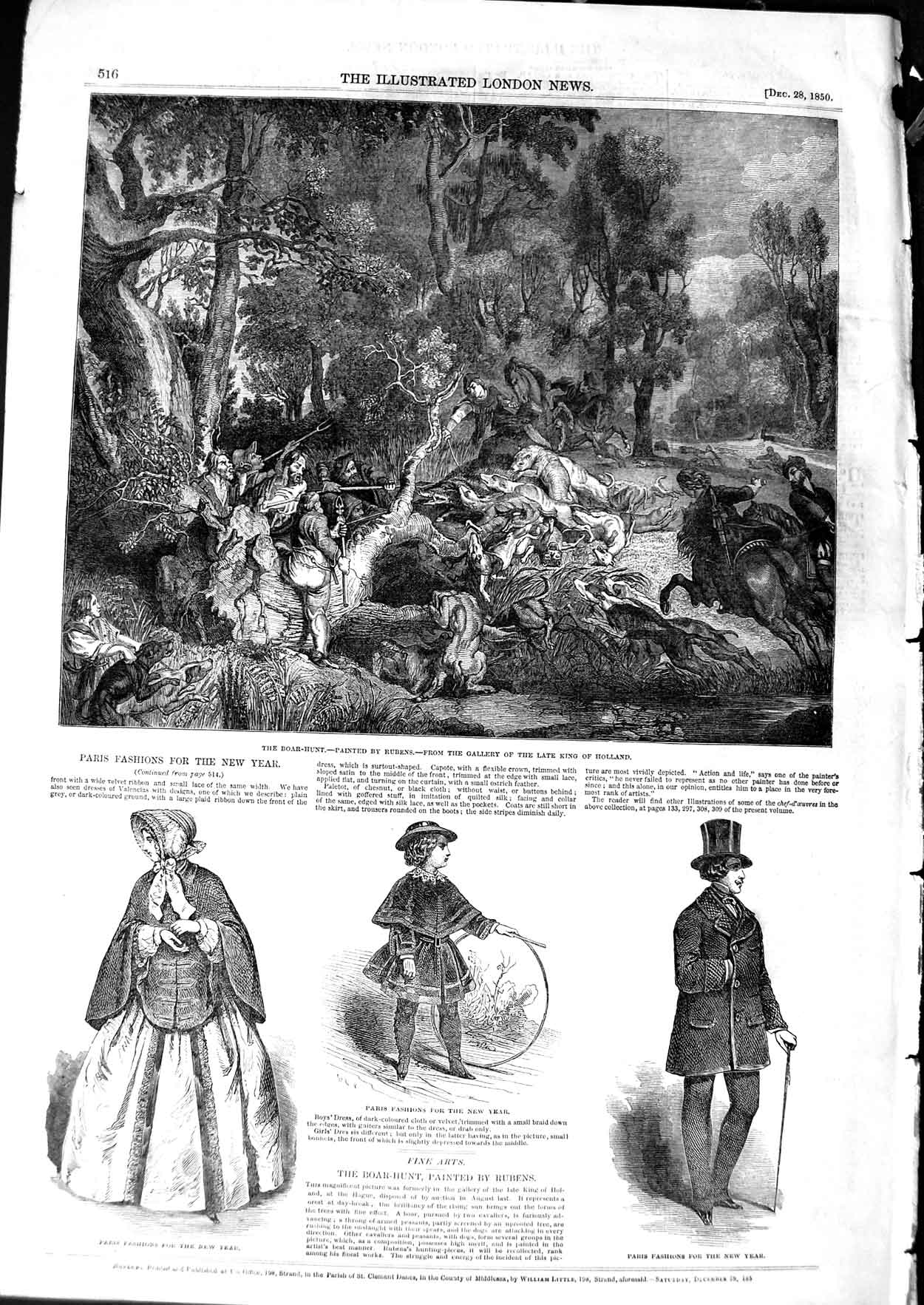 Original Old Antique Print 1850 Boar Hunting Rubens King Hollan Paris Fashion