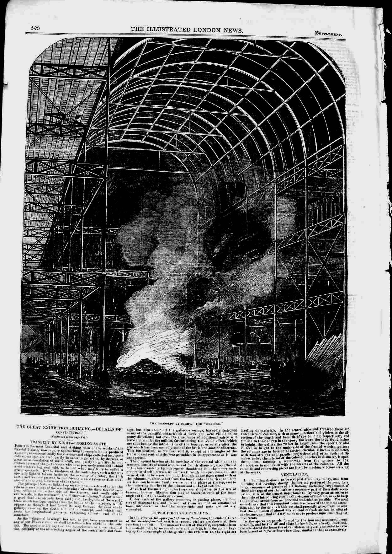 Old Antique Print 1850 Great Exhibition Building Construction Engineering 19th