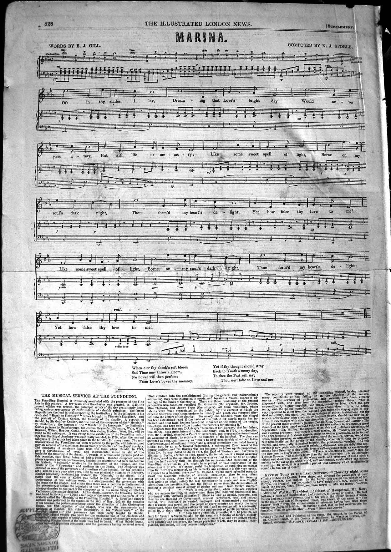 Original Old Antique Print 1850 Sheet Music Marina Gill Composer Sporle 19th