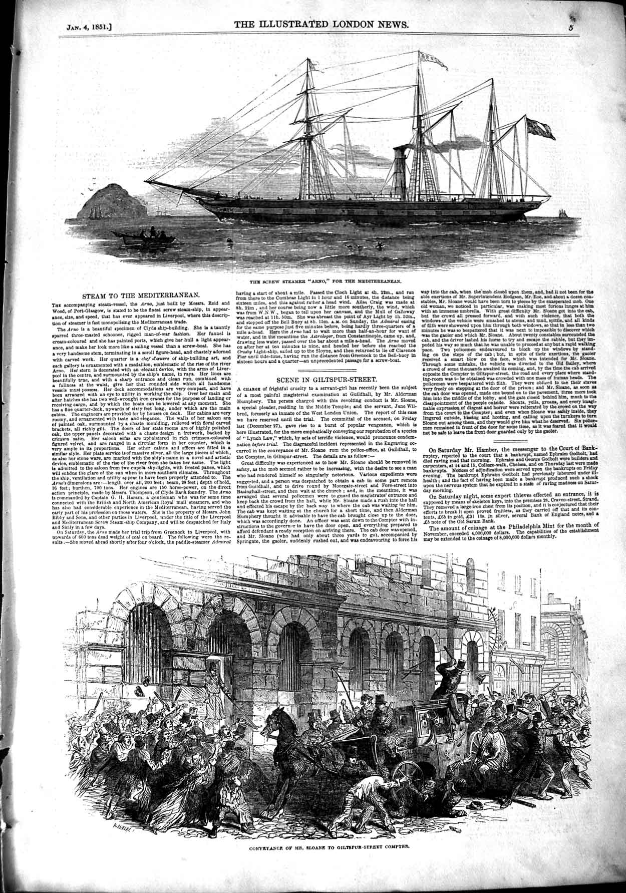 Original Old Antique Print 1851 Screw Steamer Ship Arno Sloane Giltspur Street
