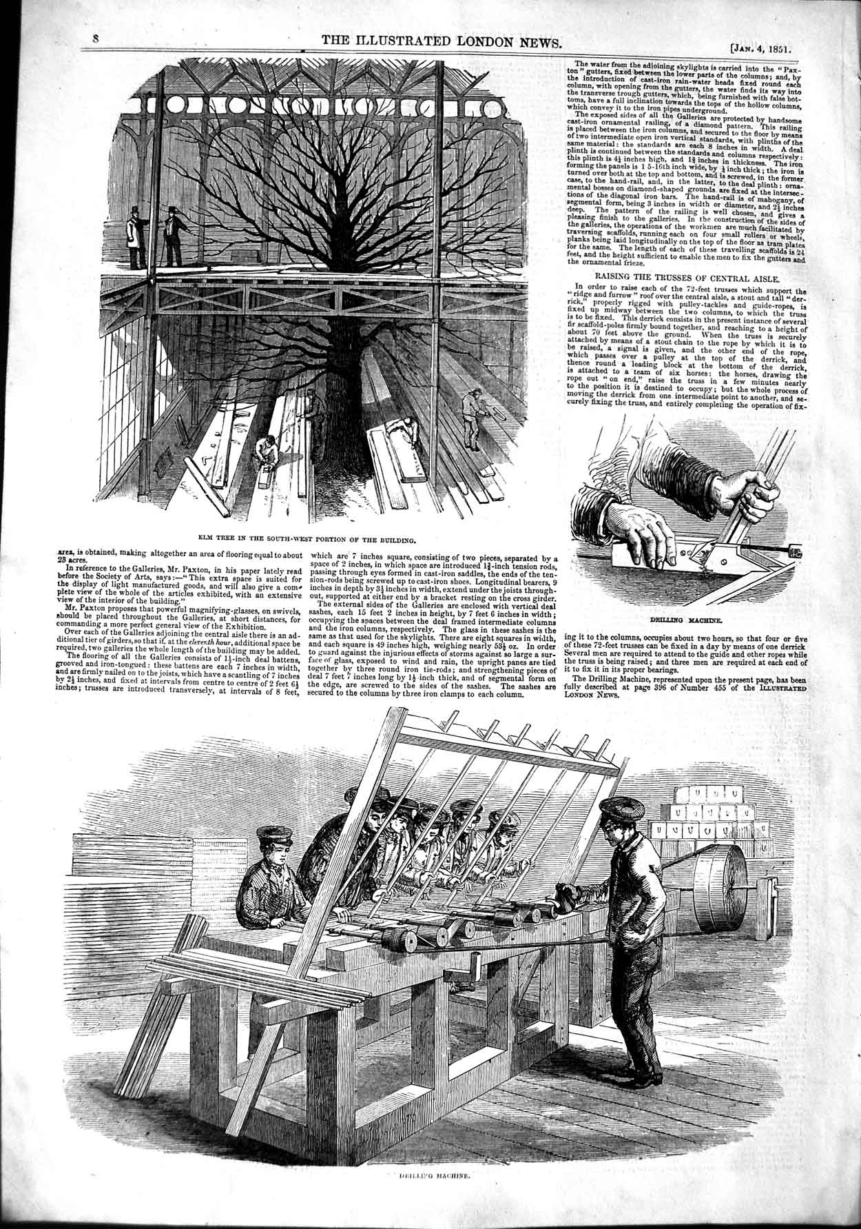 Original Old Antique Print 1851 Elm Tree Exhibition Building Drilling Machine