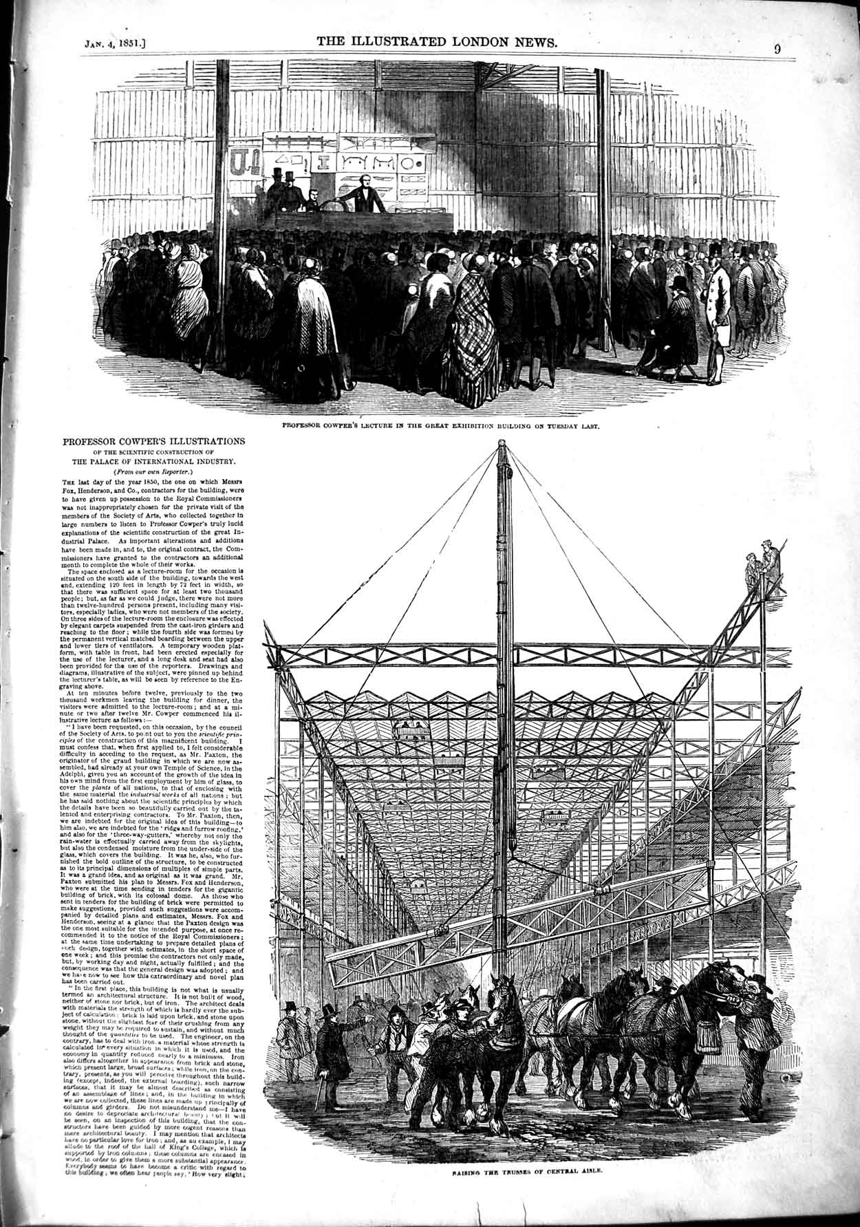 Old Antique Print 1851 Professor Cowper Exhibition Building Trusses Horse 19th