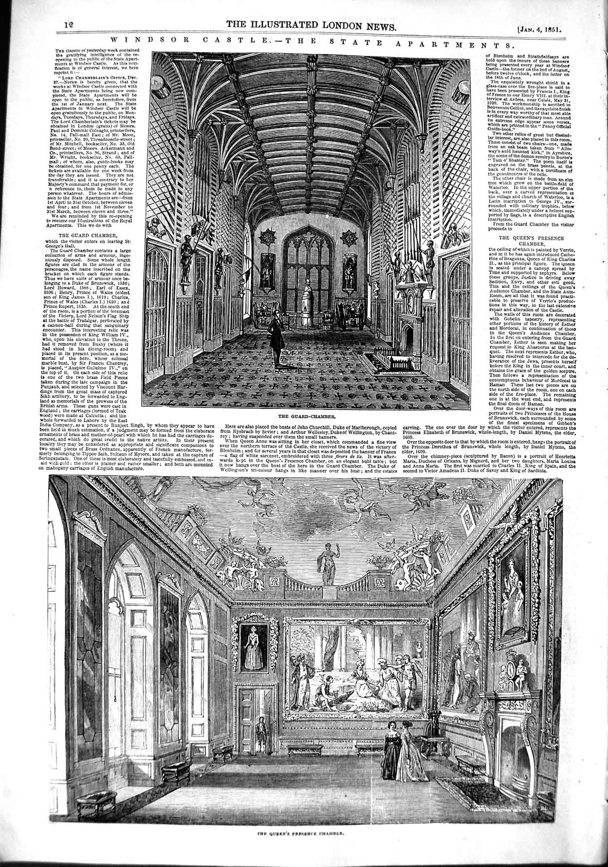 Old Antique Print 1851 Windsor Castle Guard Presence Chamber Apartments 19th