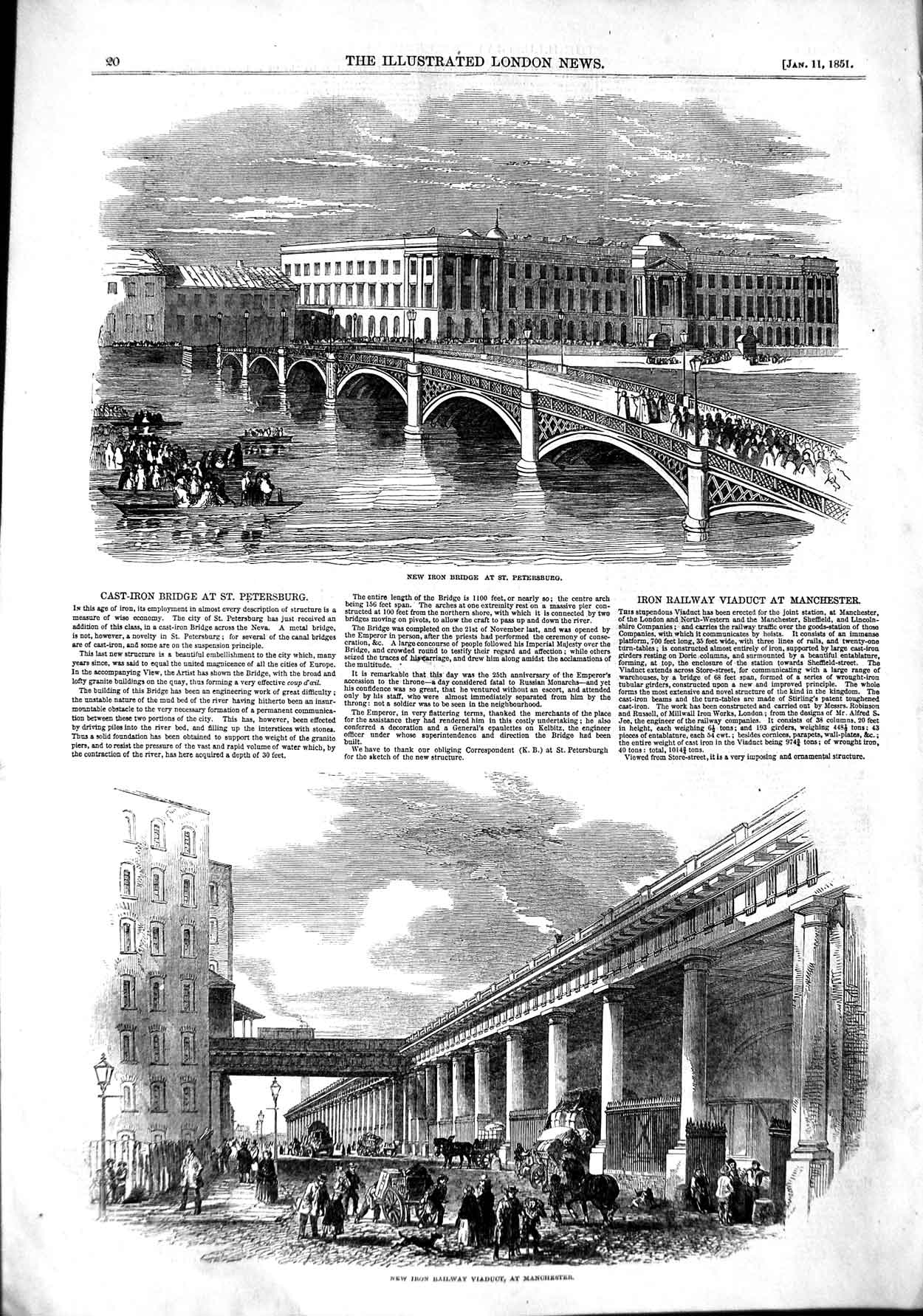 Old Antique Print 1851 Iron Bridge Petersburg Railway Viaduct Manchester 19th