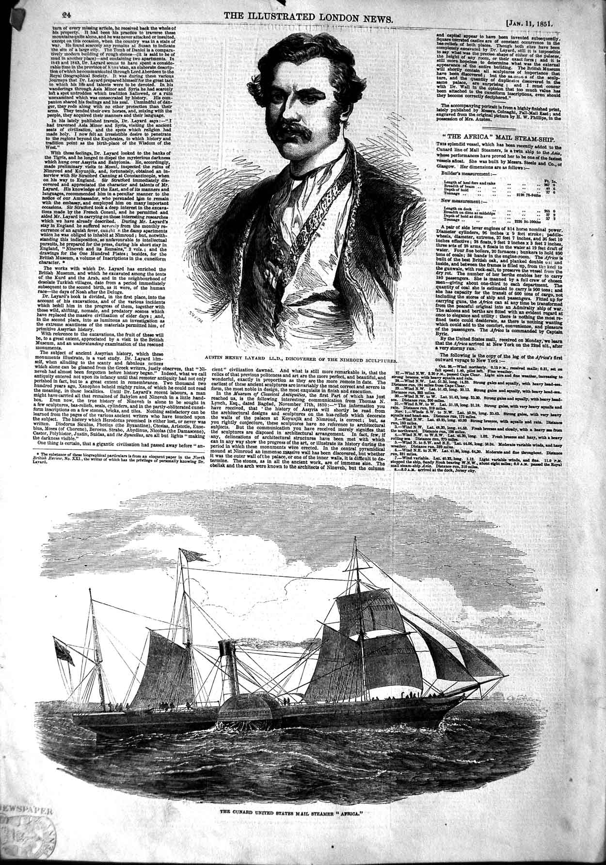 Original Old Antique Print 1851 Austin Henry Layard Nimroud Sculpture Ship 19th