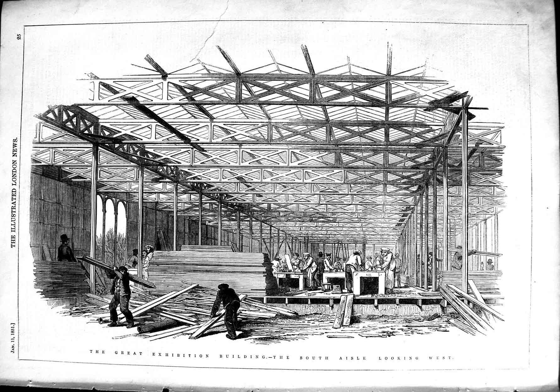Original Old Antique Print 1851 South Aisle Great Exhibition Building Victorian