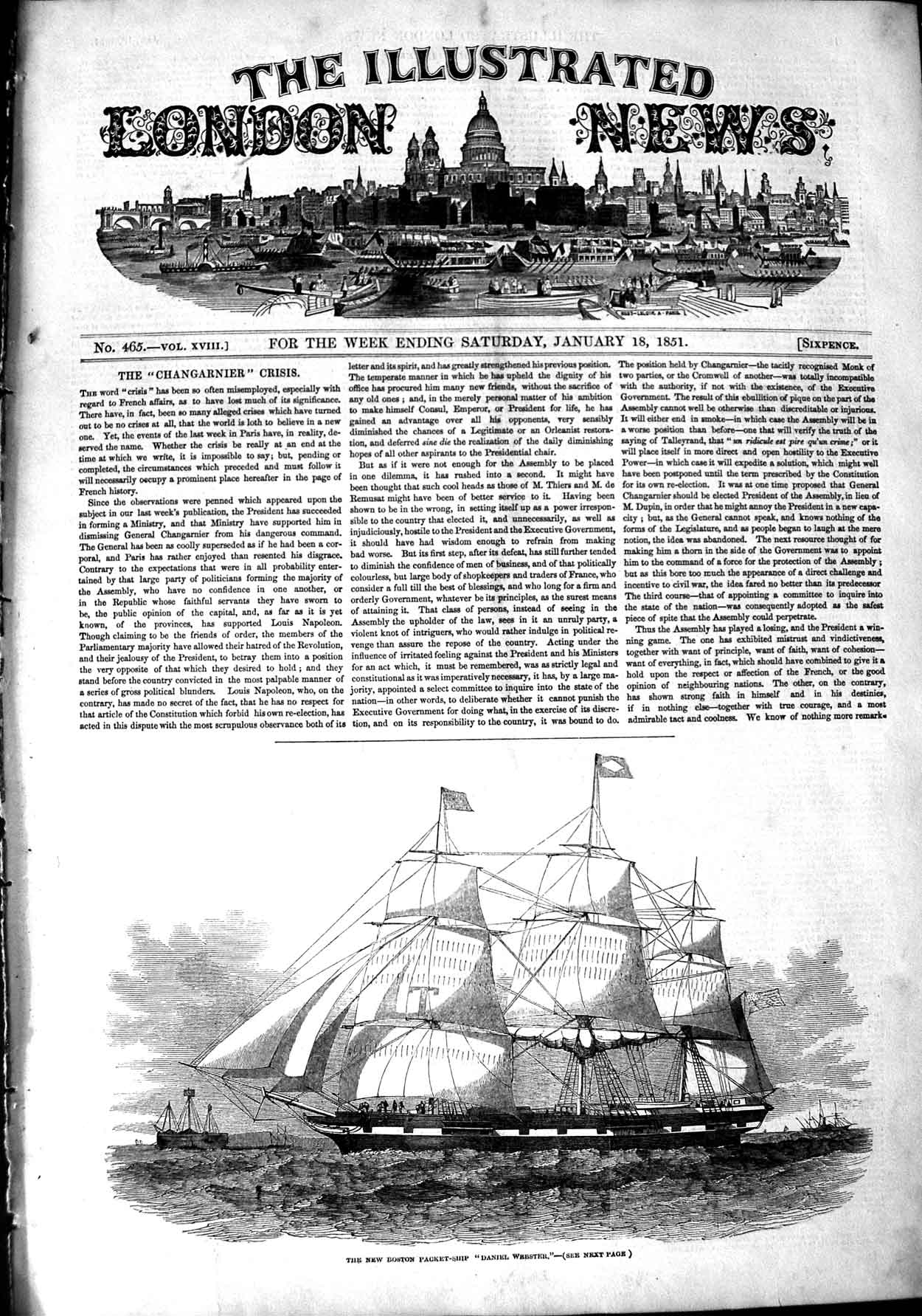 Original Old Antique Print 1851 Boston Packet Sailing Ship Daniel Victorian