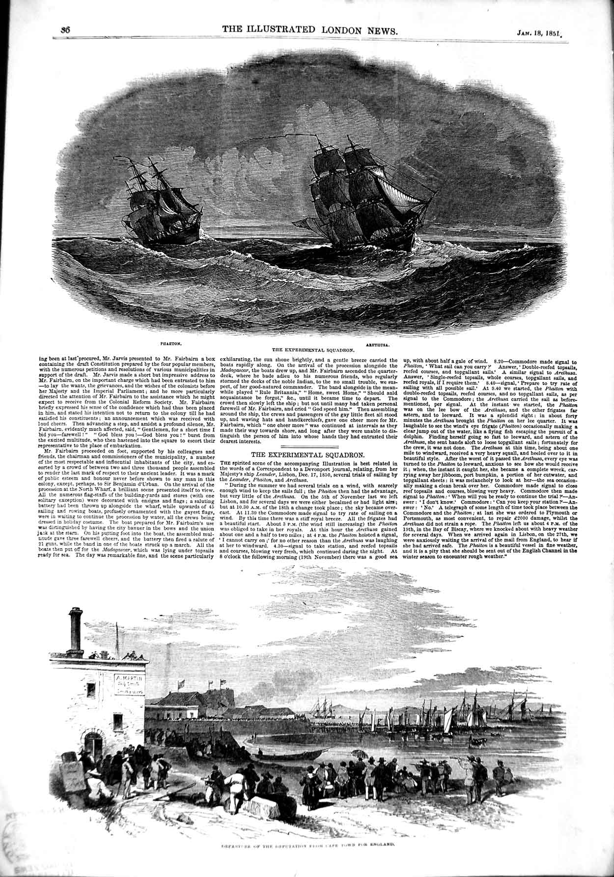 Original Old Antique Print 1851 Ships Phaeton Arethusa Cape Town 19th