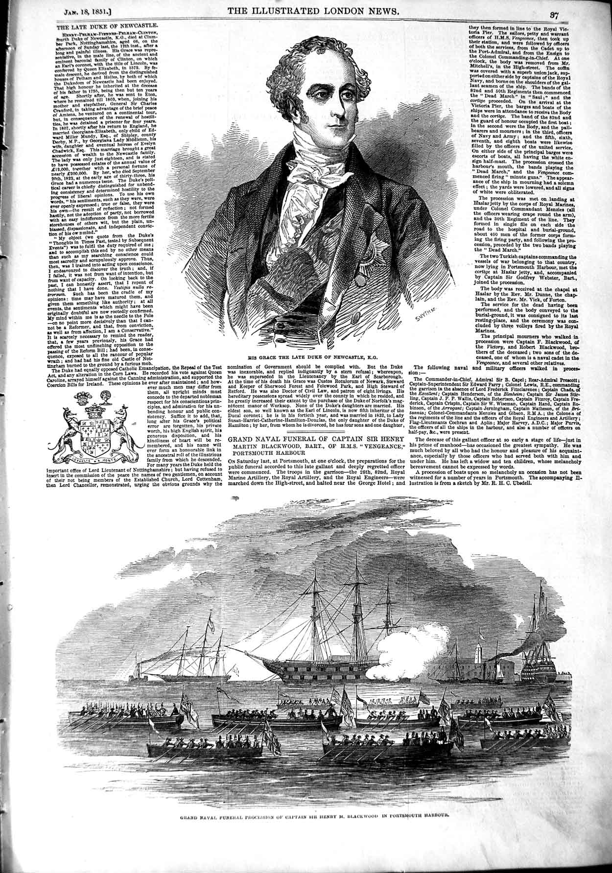 Old Antique Print 1851 Duke Newcastle Funeral Procession Henry Blackwood 19th