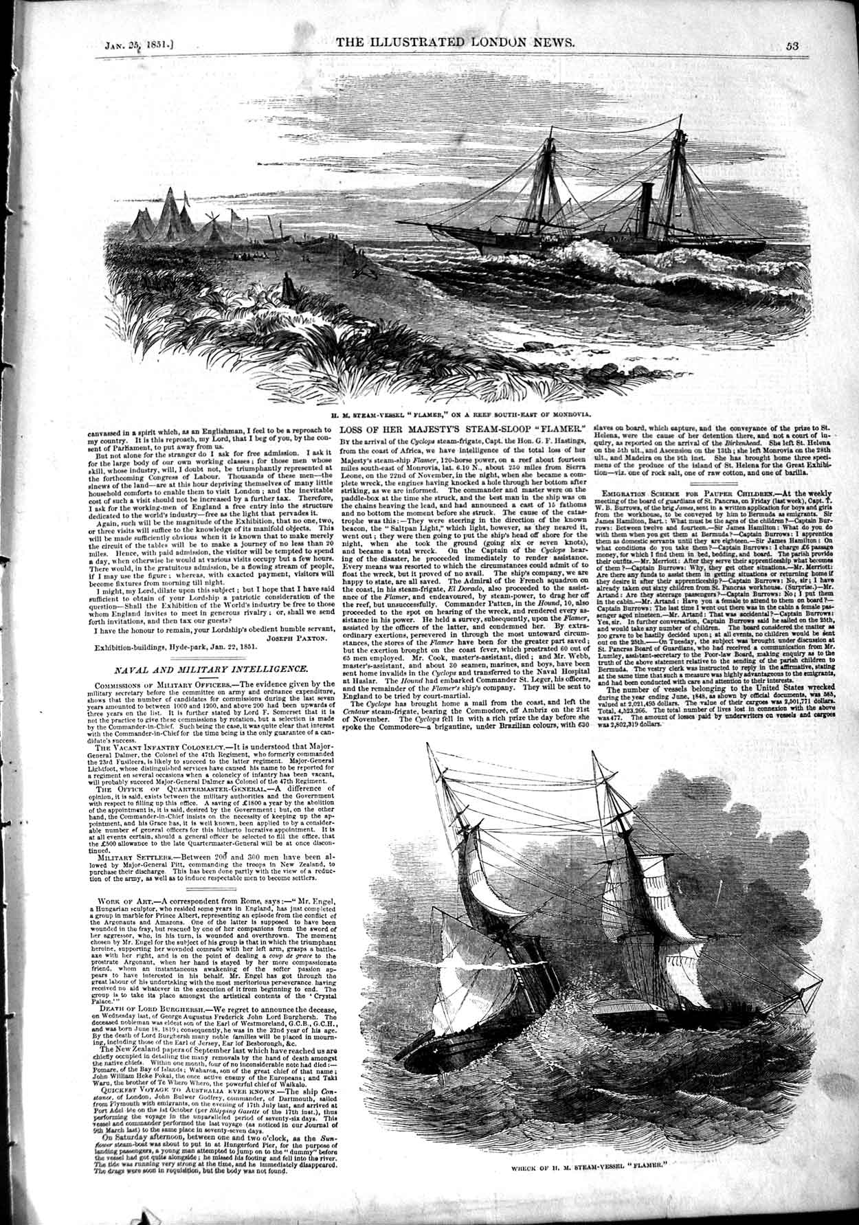 Original Old Antique Print 1851 Ship Wreck Steam Sloop Vessel Flamer Monrovia