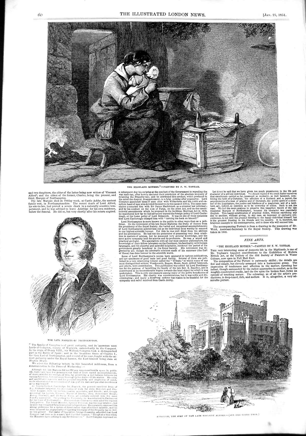Original Old Antique Print 1851 Marquis Northampton Ashridge Alford Mother Baby