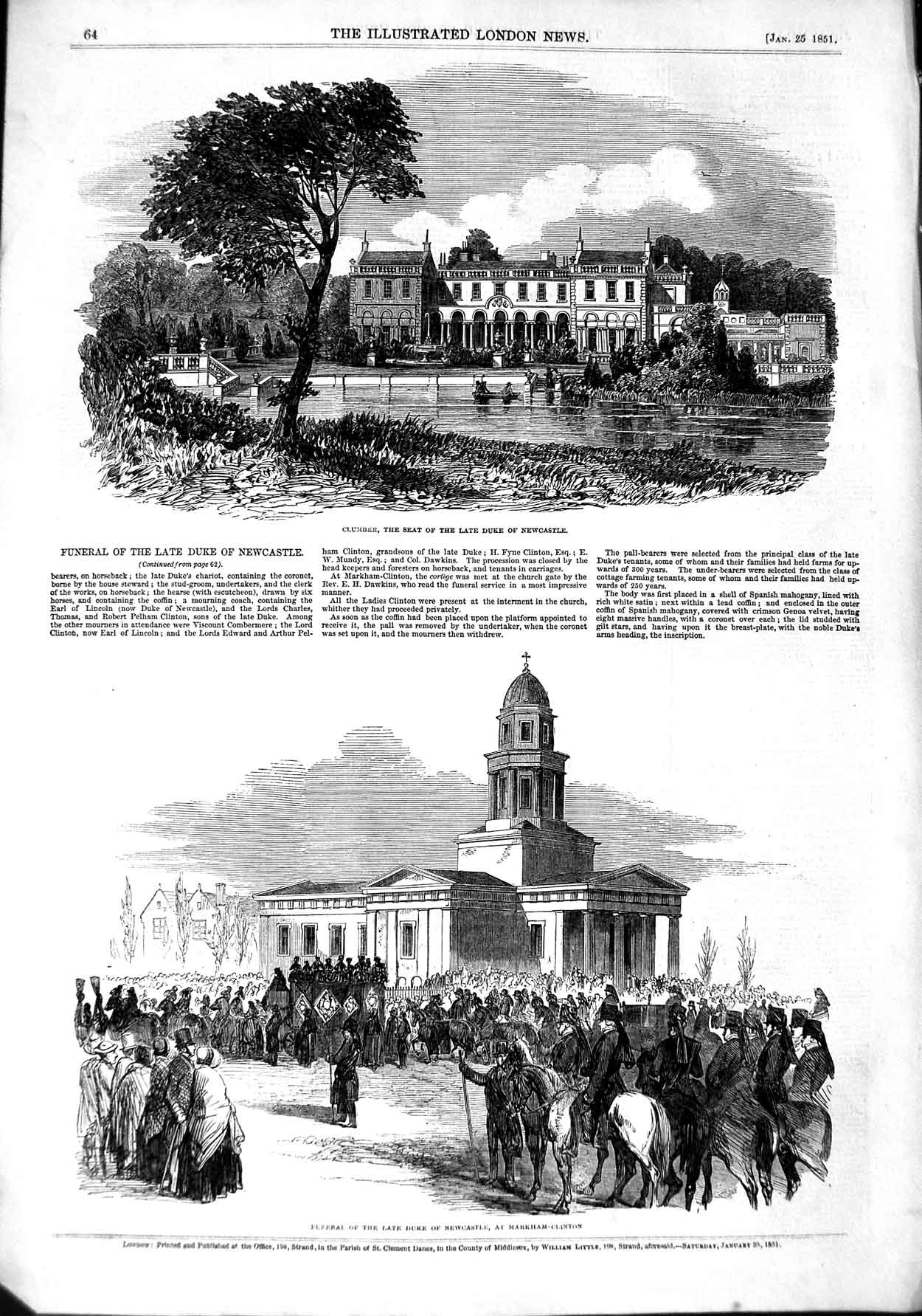 Original Old Antique Print 1851 Clumber Duke Newcastle Funeral Markham 19th