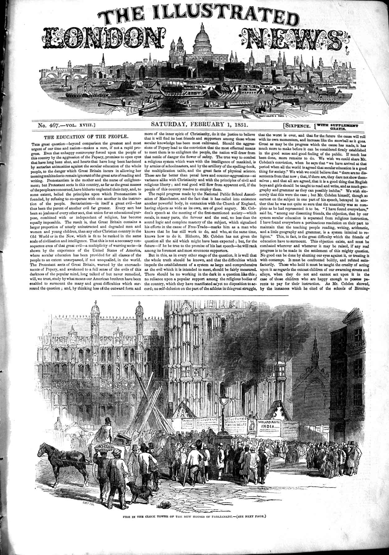 Old Antique Print 1851 Fire Clock Tower House Parliament London England 19th