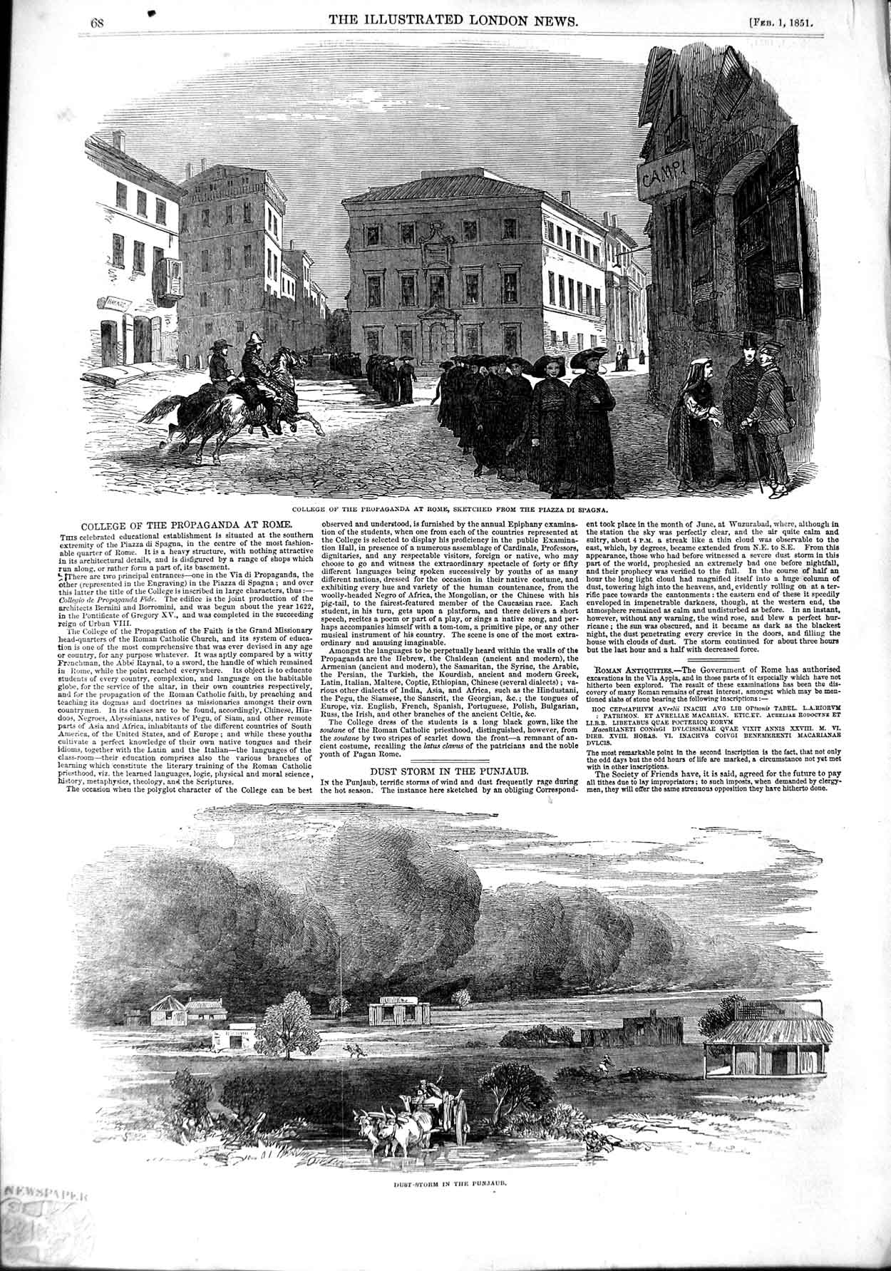 Original Old Antique Print 1851 College Propaganda Rome Piazza Spagna Punja 19th
