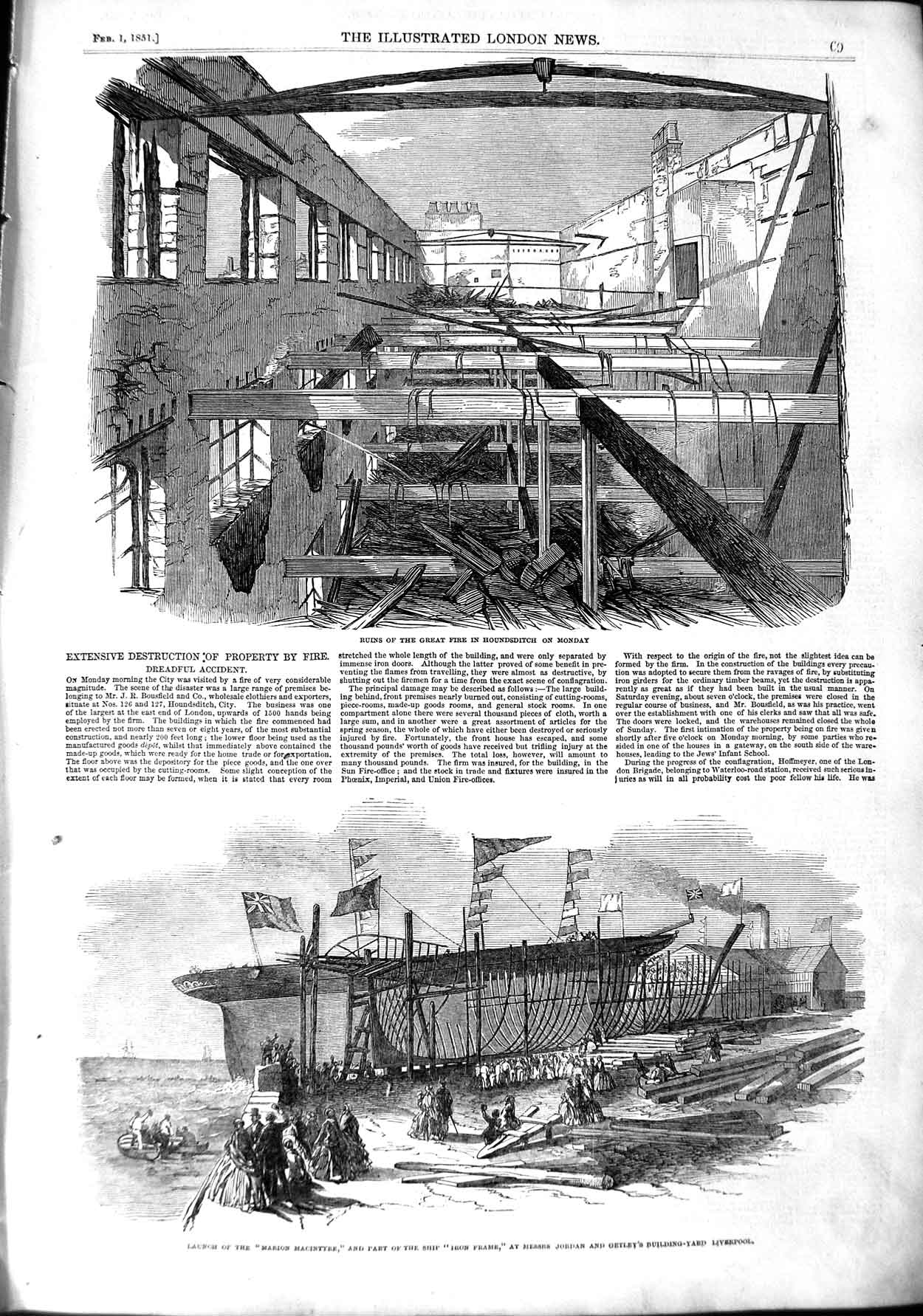 Old Antique Print 1851 Marion Macintyre Ship Liverpool Houndsditch Ruins 19th