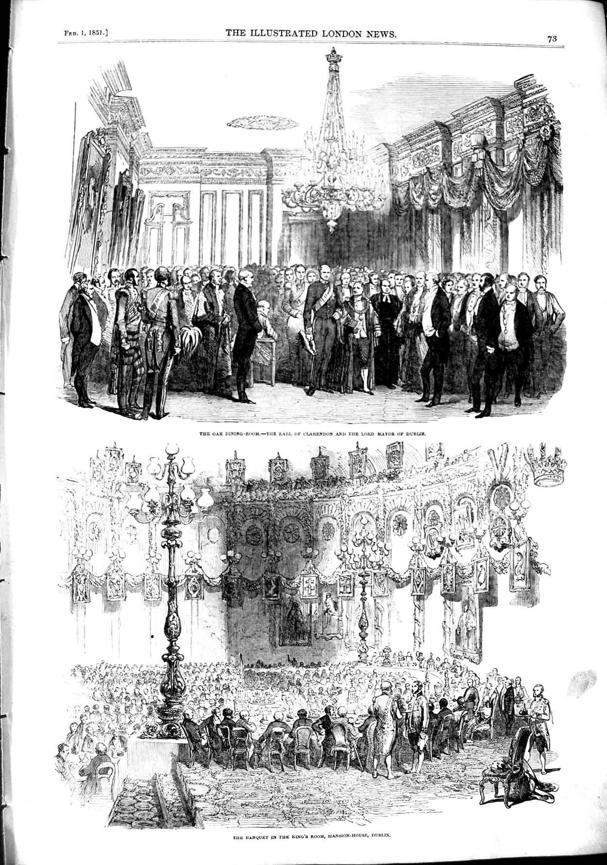 Original Old Antique Print 1851 Earl Clarendon Lord Mayor Dublin Mansion House