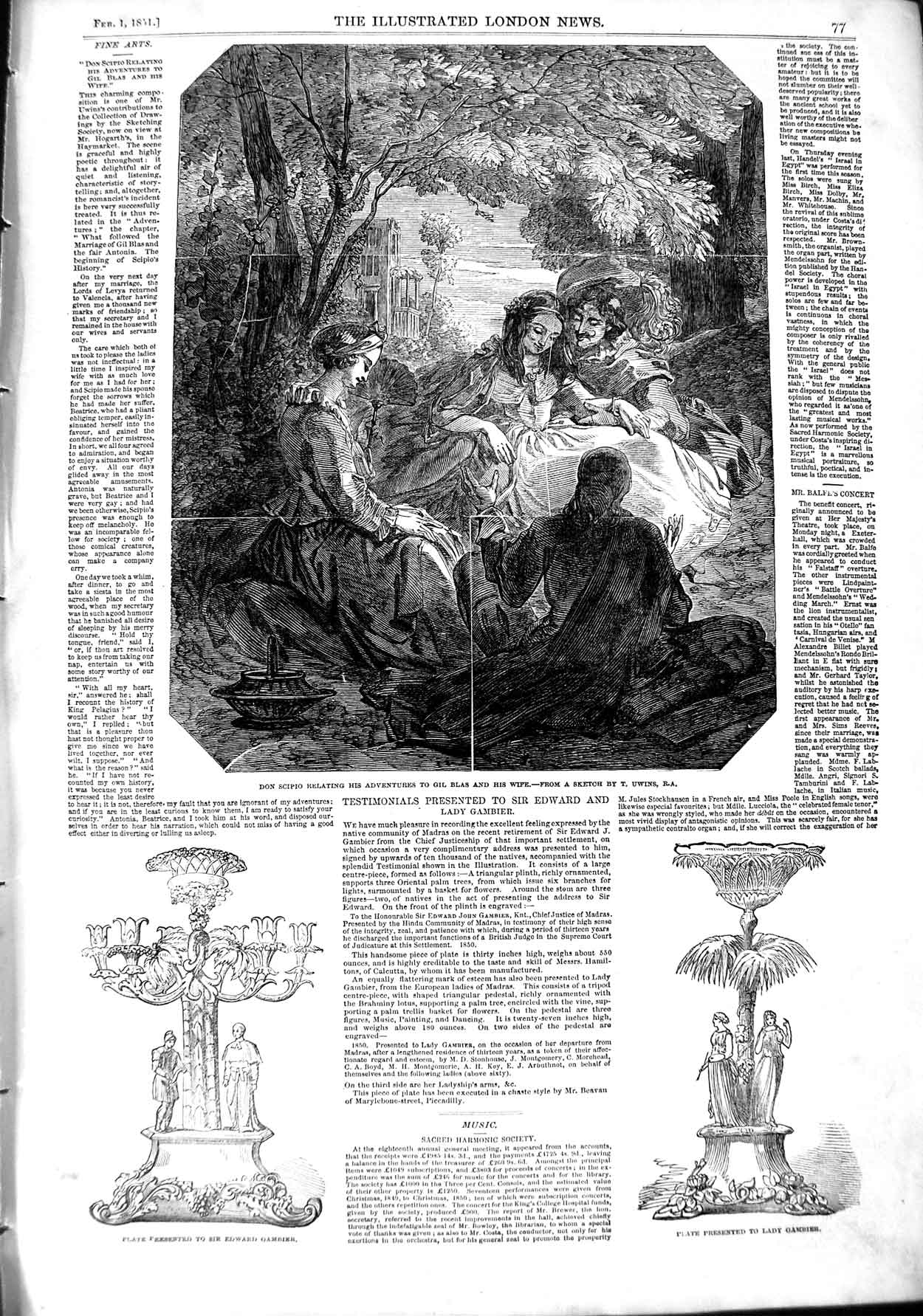 Original Old Antique Print 1851 Don Scipio Gil Bllas Plate Edward Lady Gambier