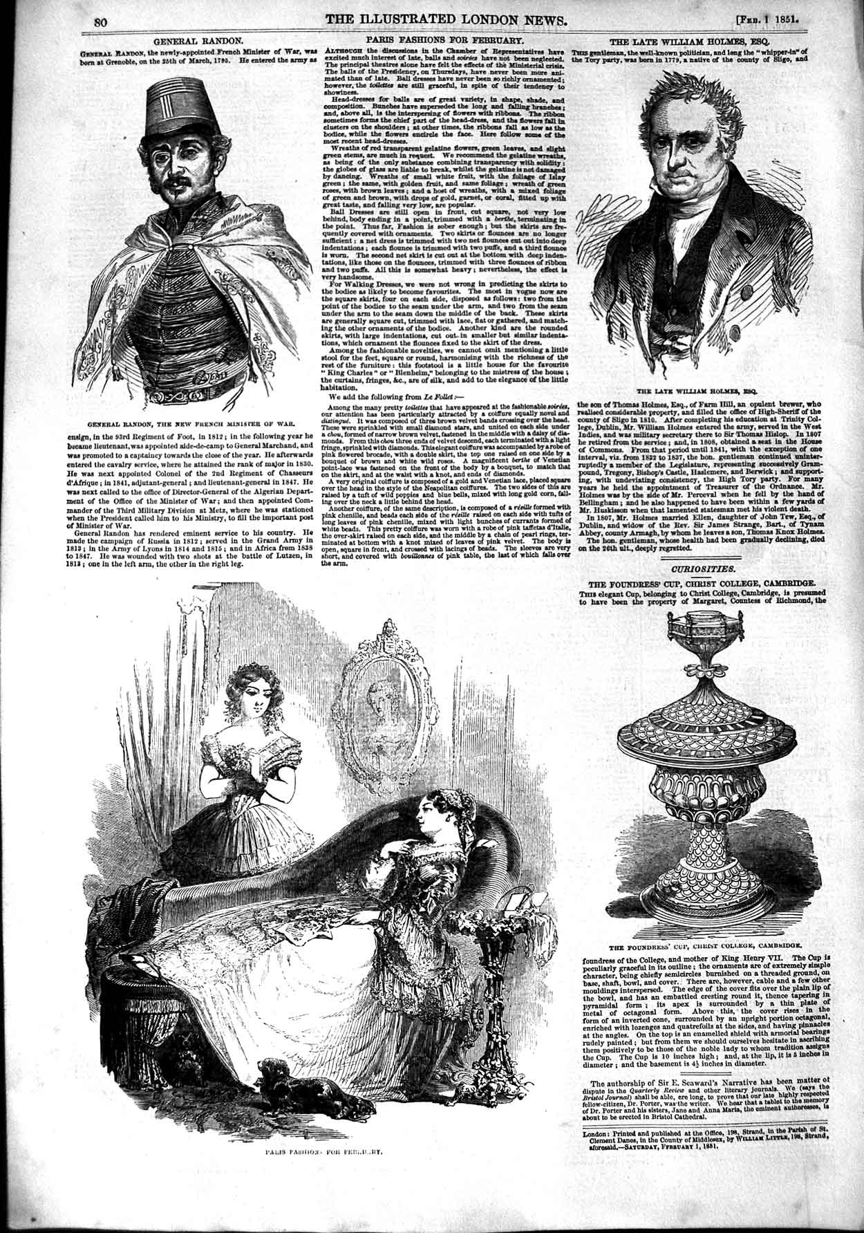 Old Antique Print 1851 William Holmes General Randon French Minster Paris 19th
