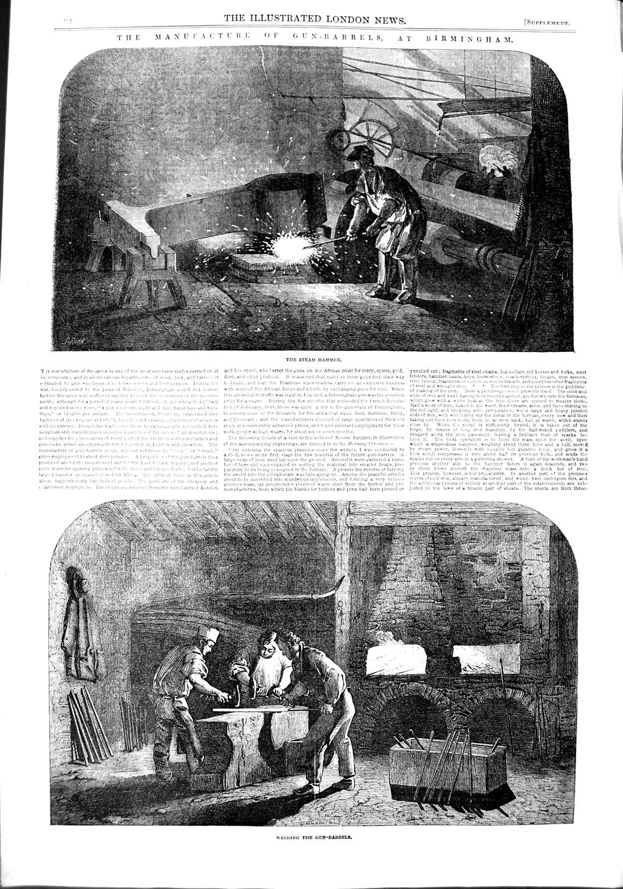 Original Old Antique Print 1851 Manufacture Gun Barrels Birmingham Steam Hammer