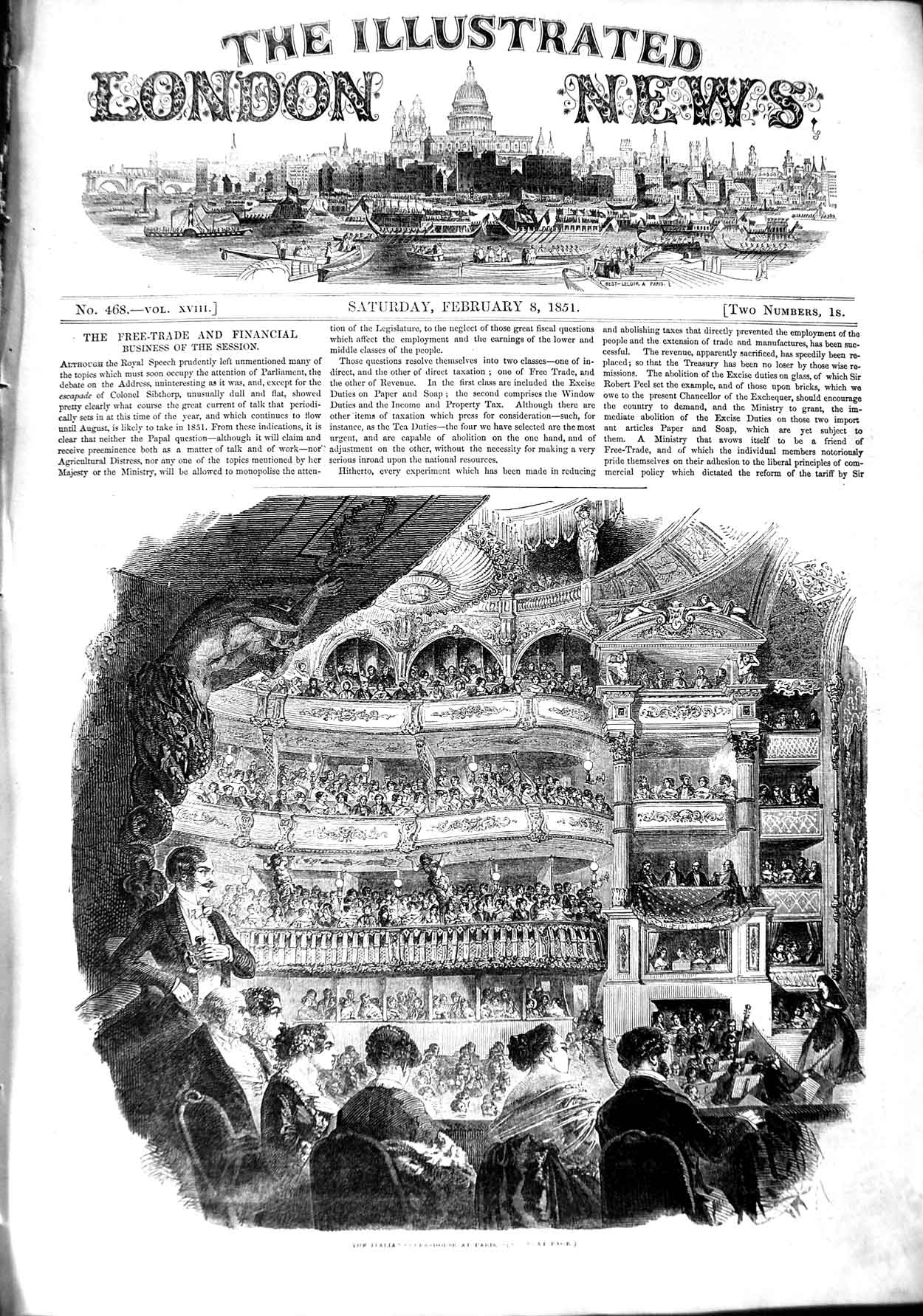 Old Antique Print 1851 Italian Opera House Paris France Audience Theatre 19th