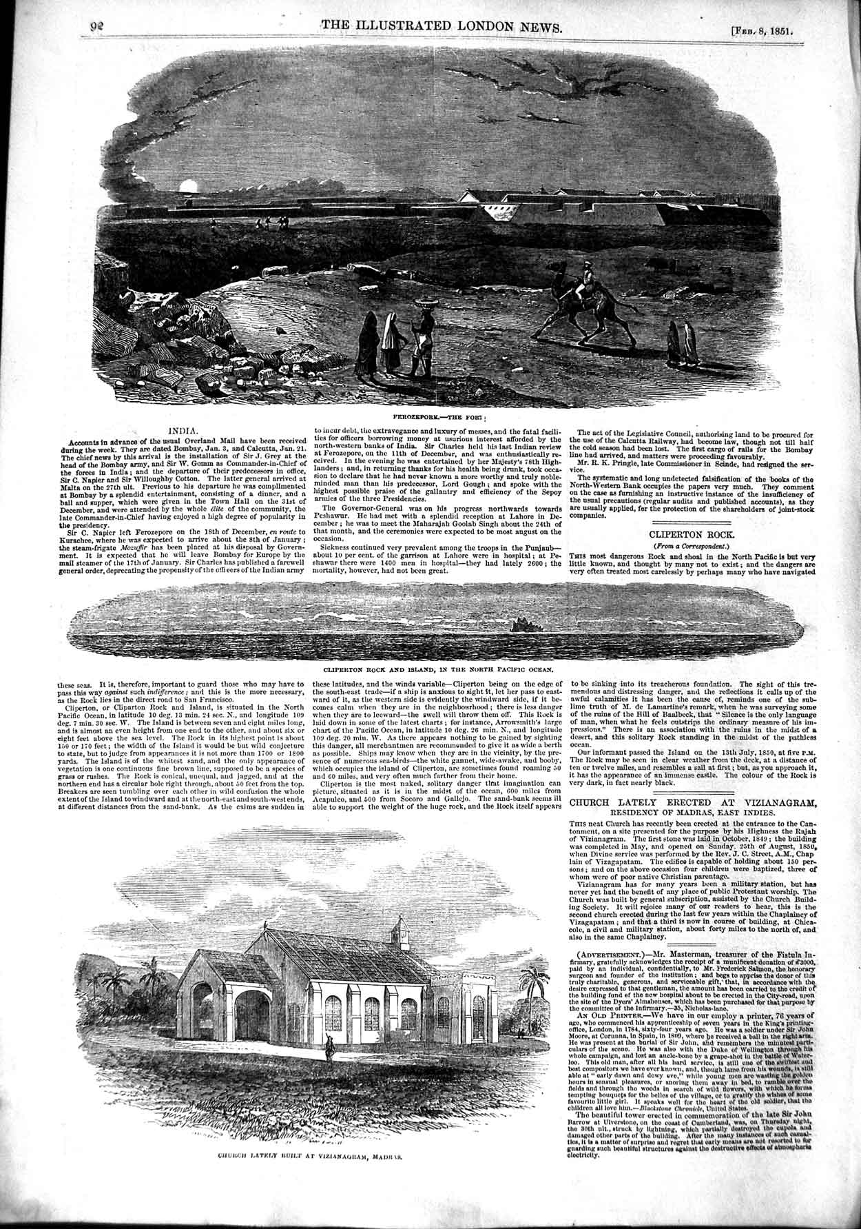 Original Old Antique Print 1851 Church Vizianagram Madras India Ferozepore Fort