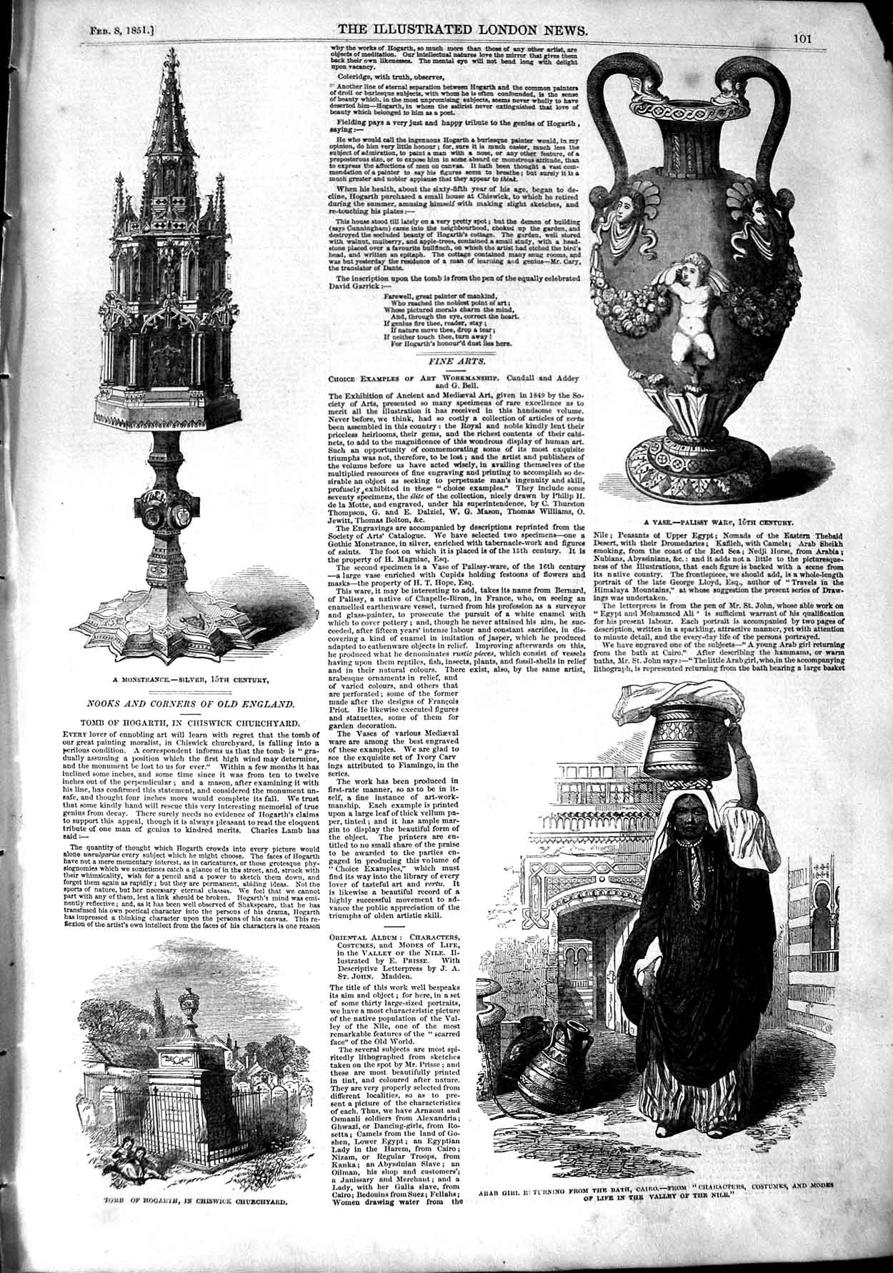 Old Antique Print 1851 Silver Vase Palissy Arab Girl Cairo Tomb Hogarth 19th