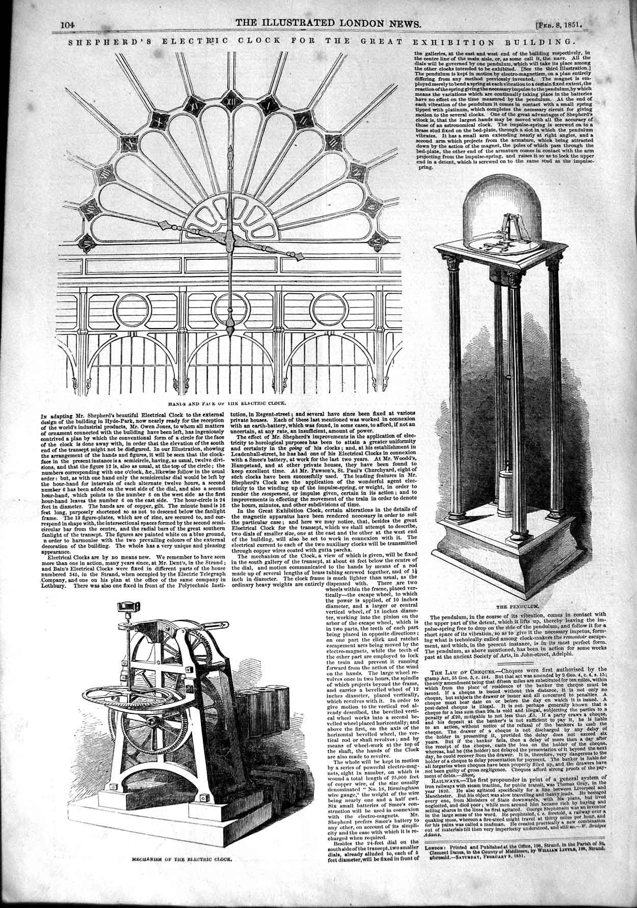 Original Old Antique Print 1851 Shepherd Electric Clock Great Exhibition B 19th