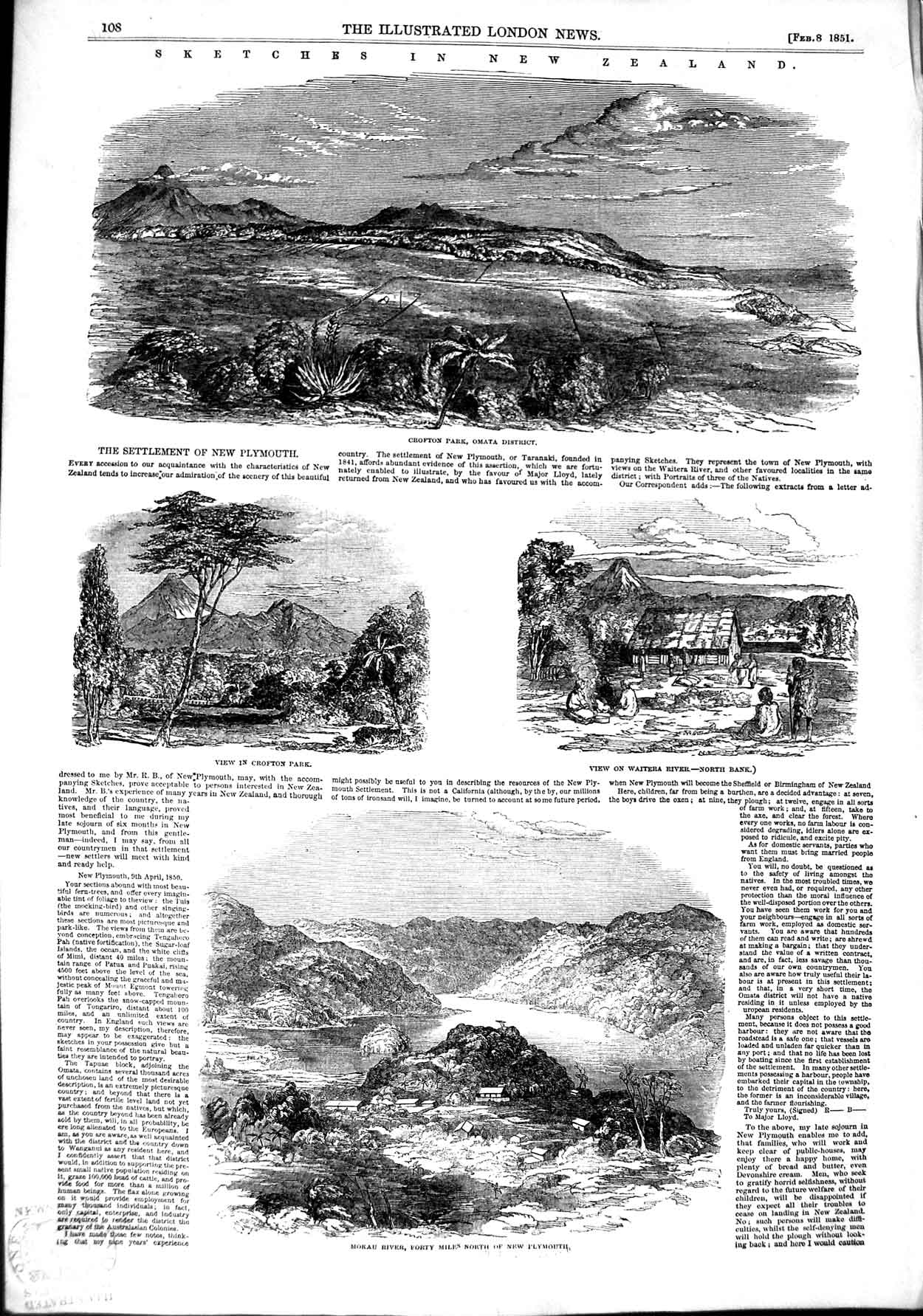 Original Old Antique Print 1851 New Zealand Crofton Park Omata Mokau Waite 19th