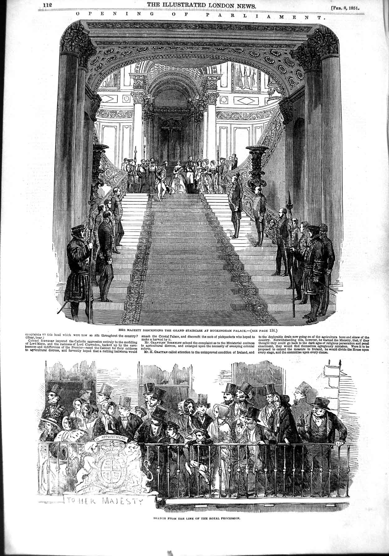 Original Old Antique Print 1851 Queen England Parliament Buckingham Palace 19th
