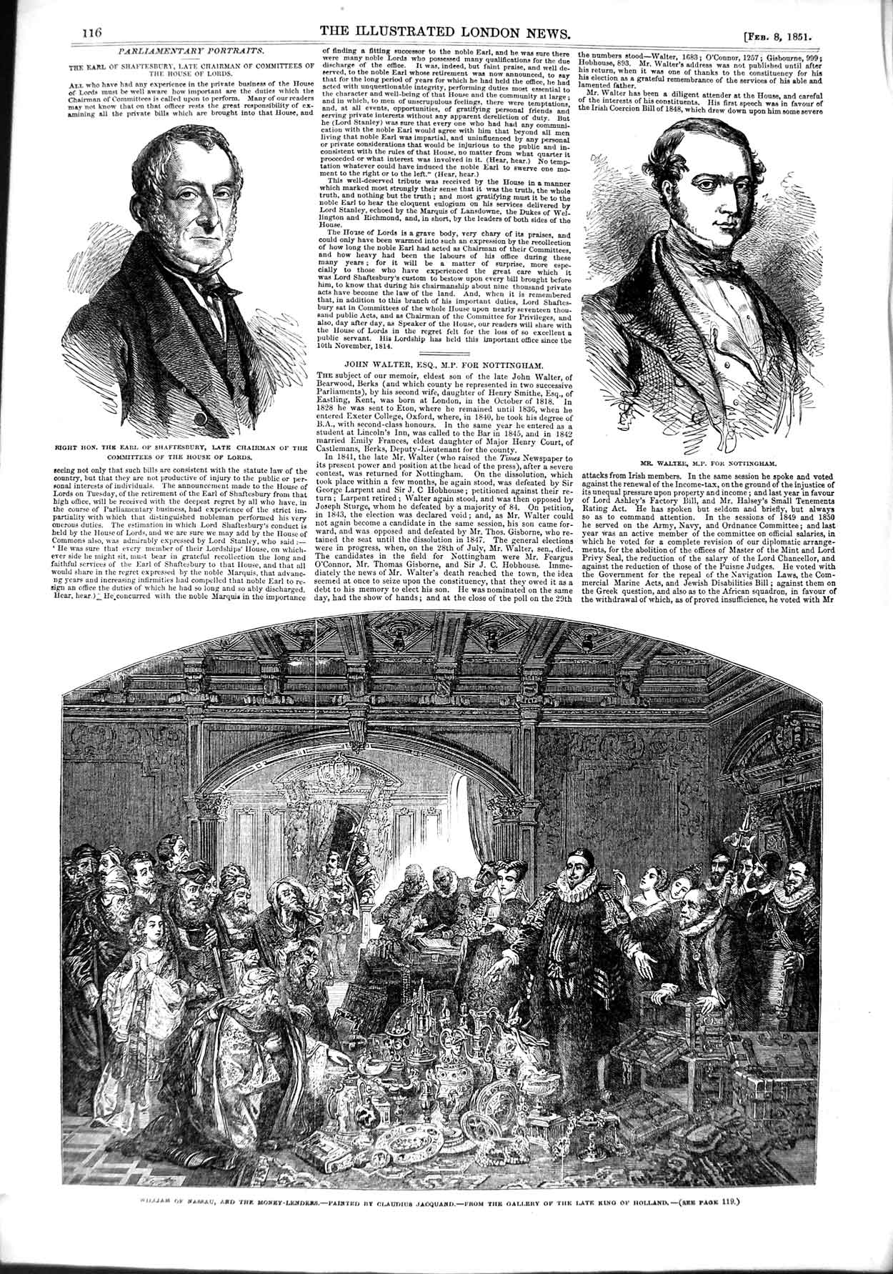 Original Old Antique Print 1851 William Nassau Money Lenders Shaftesbury Walter