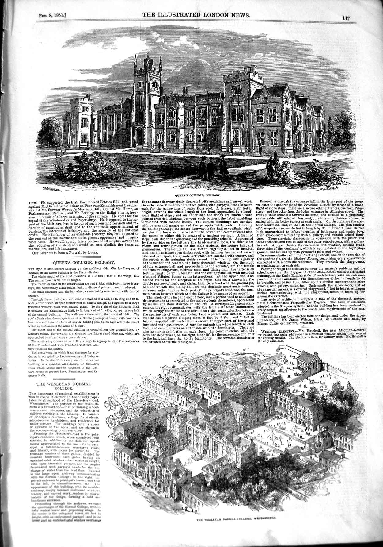 Original Old Antique Print 1851 Queen'S College Belfast Wesleyan Normal College