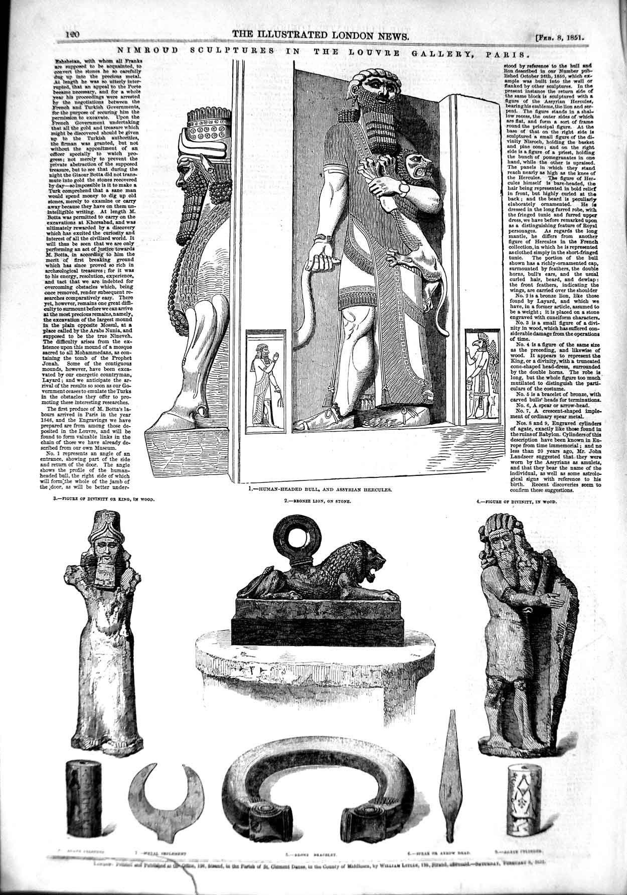 Original Old Antique Print 1851 Nimroud Sculpture Louvre Gallery Paris Assyrian