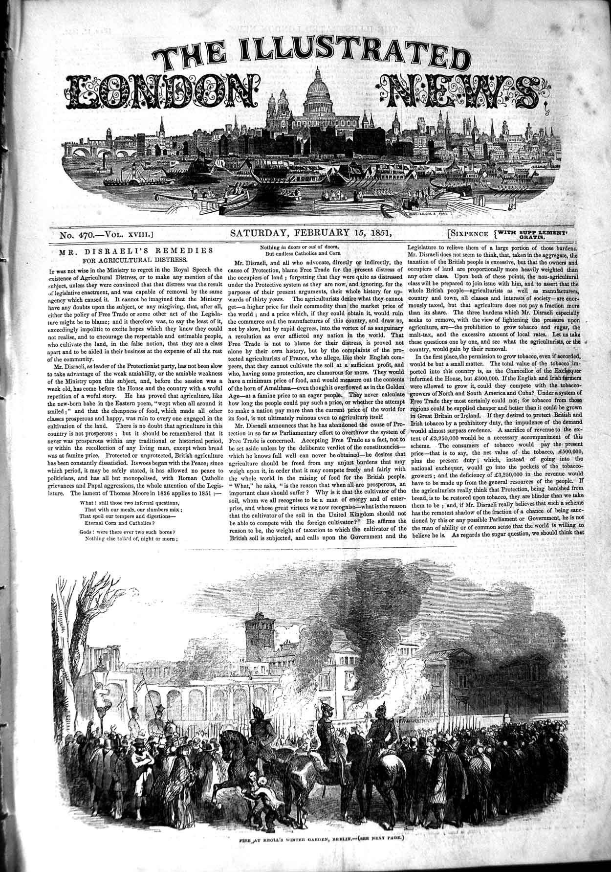 Original Old Antique Print 1851 Fire Kroll Winter Garden Berlin Germany Horses