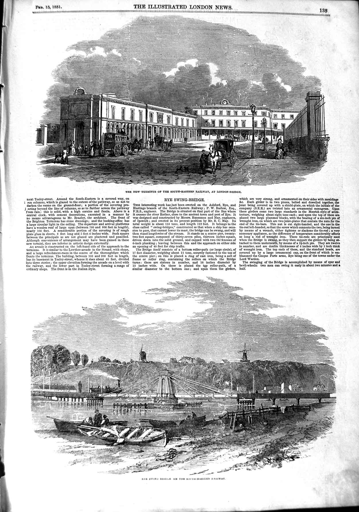 Old Antique Print 1851 Terminus Railway London Rye South-Eastern Railway 19th