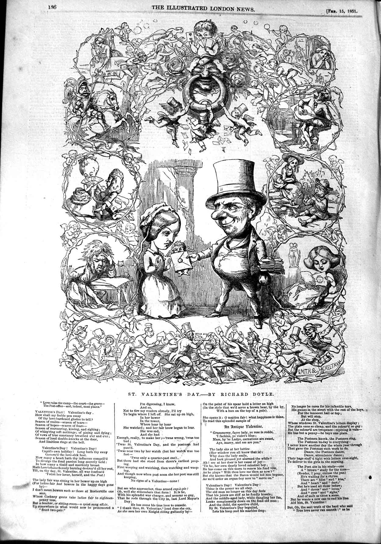Original Old Antique Print 1851 Richard Doyle Drawing St. Valentines Day 19th